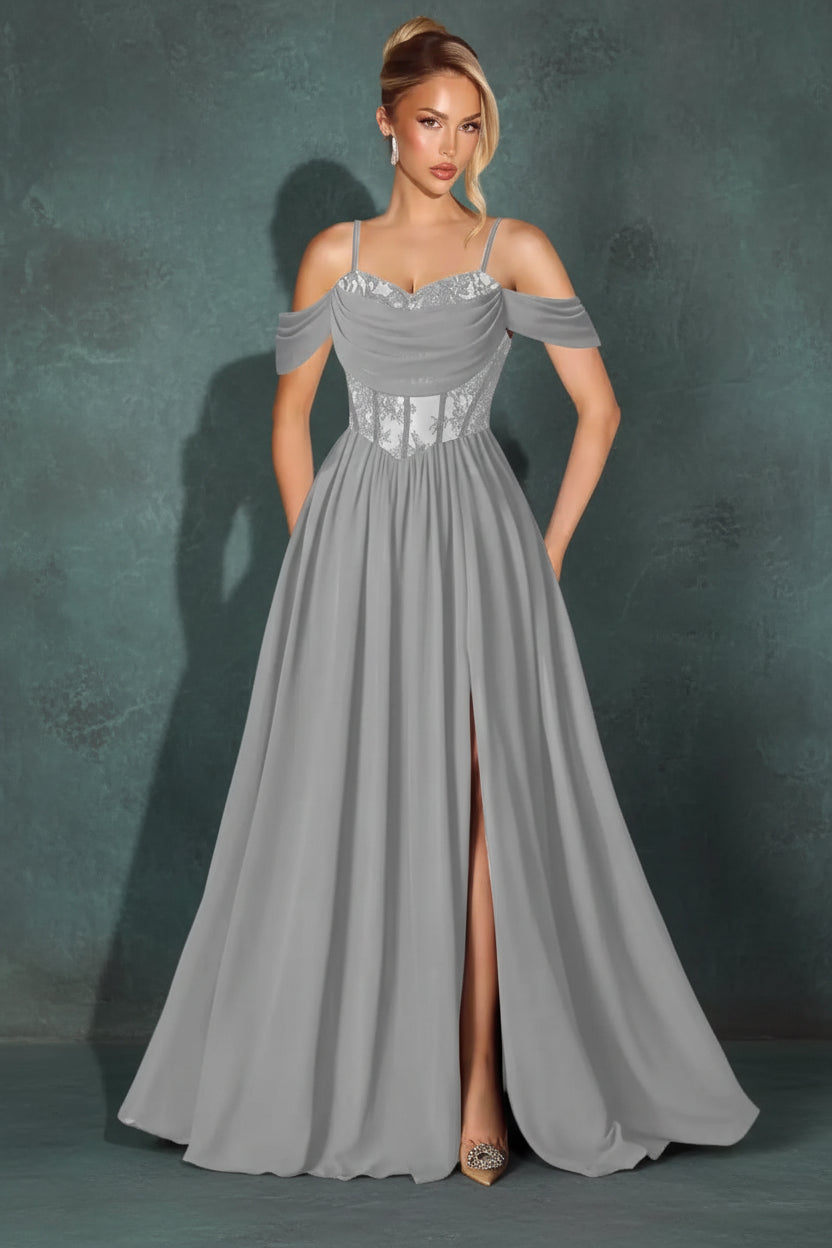 Off Shoulder Lace Applique Prom Dress