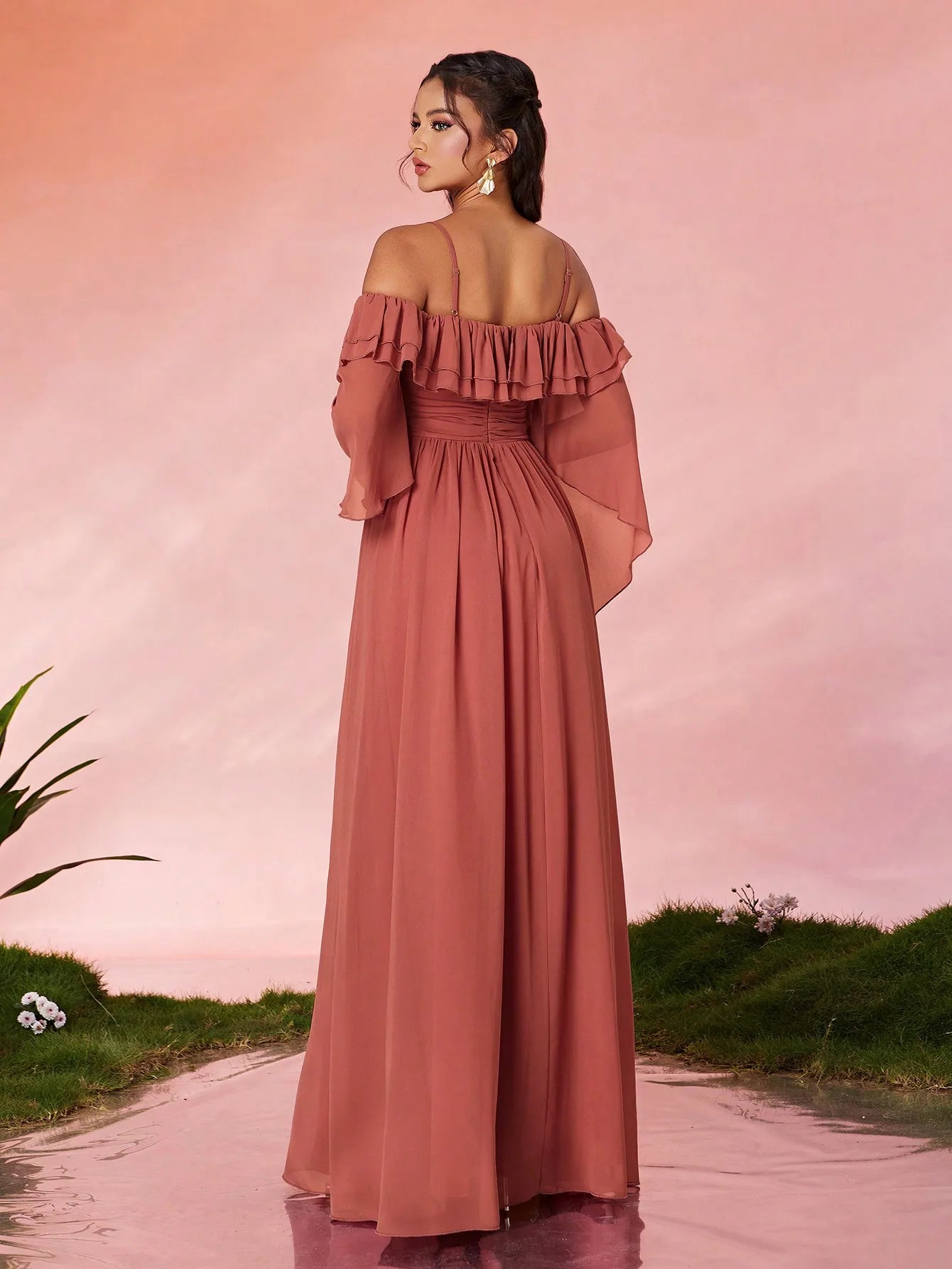 One Shoulder Ruffle Chiffon Evening Gown