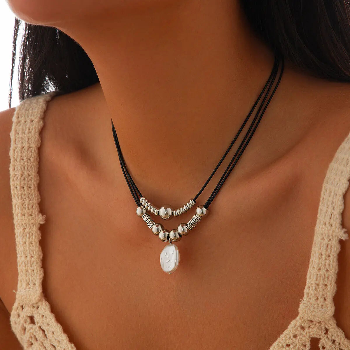 KunJoe Vintage Multilayer Leather Rope Chain Beaded Choker Short Necklace Women Ethnic Imitation Pearl Pendant Necklace Jewelry
