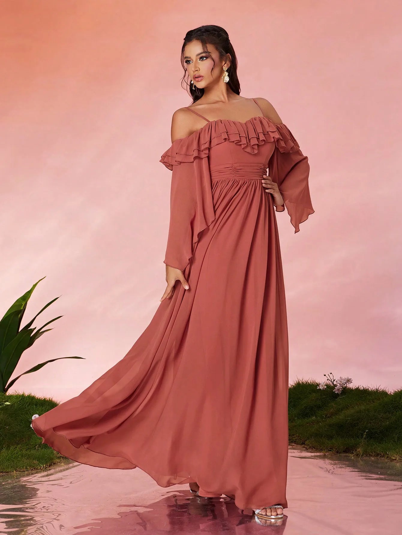 One Shoulder Ruffle Chiffon Evening Gown