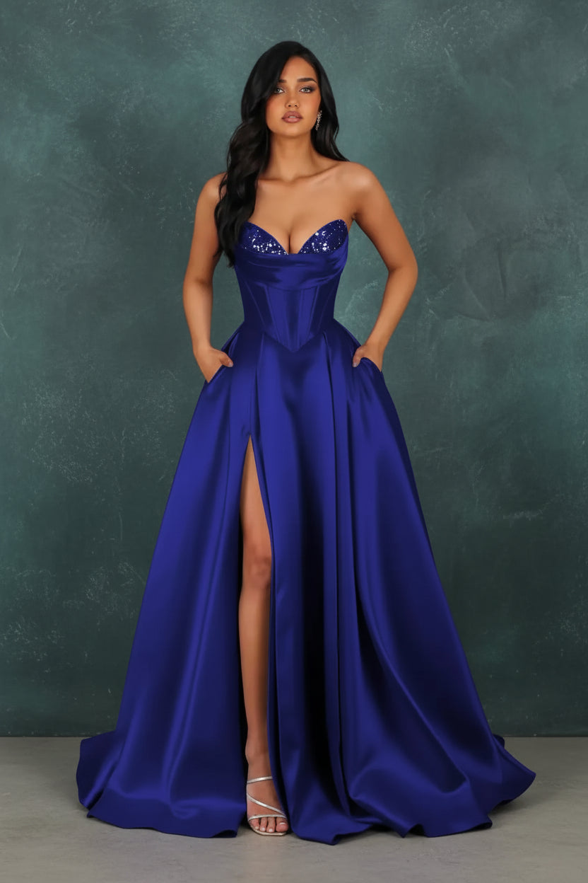 Strapless Sequin Prom Dresses Long with Slit Satin Formal Party Dress