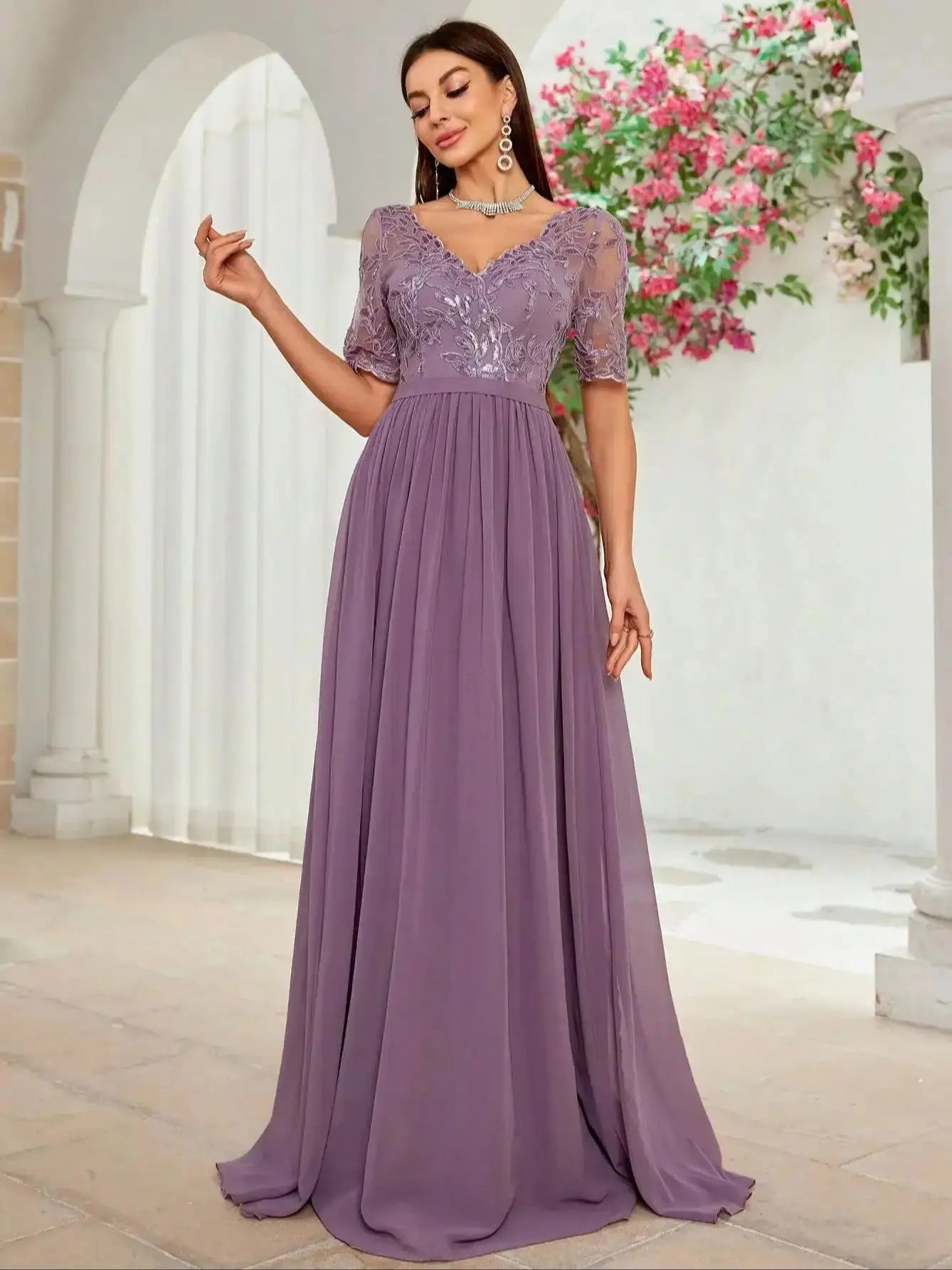 V-Neck Lace Chiffon Evening Dress