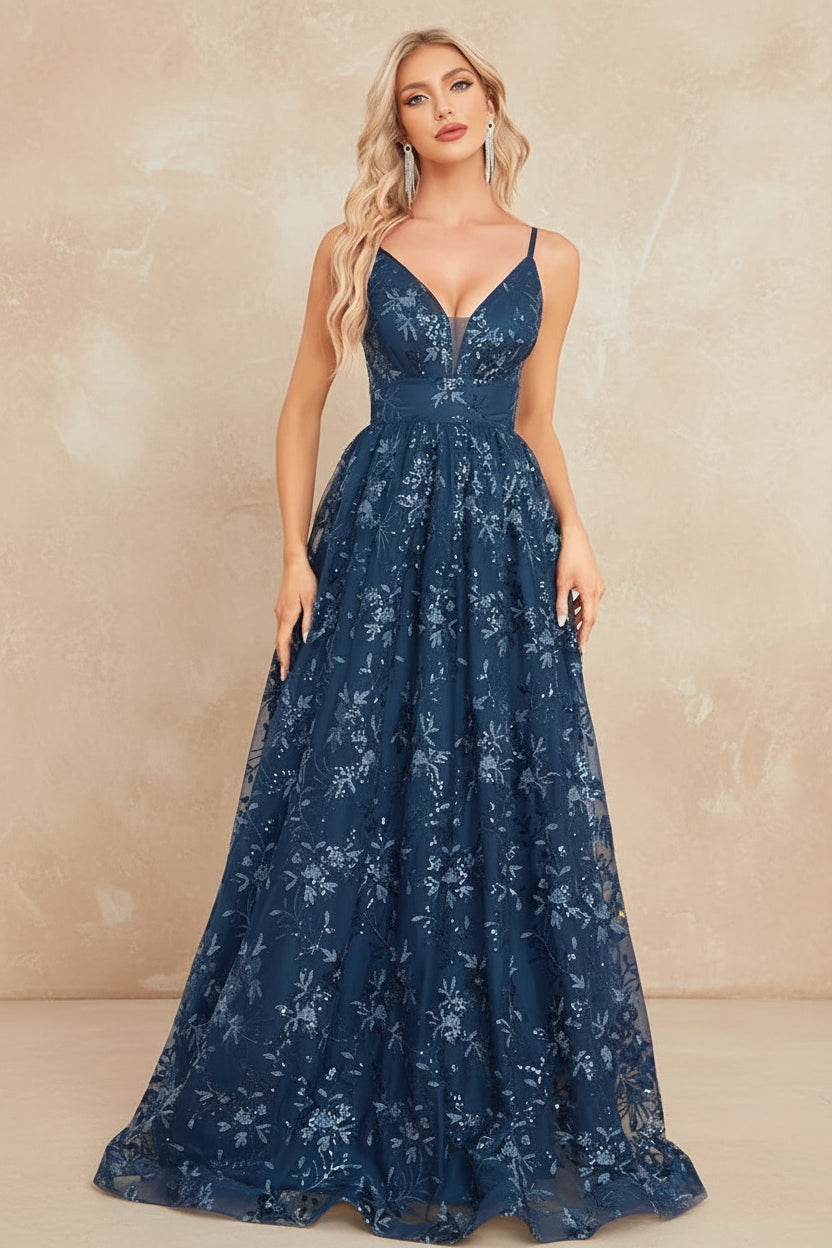 Elegant Sequins Sexy Backless Evening Dress For Women Deep V-neck Prom Party  Dress Floor Length Blue Formal Gowns