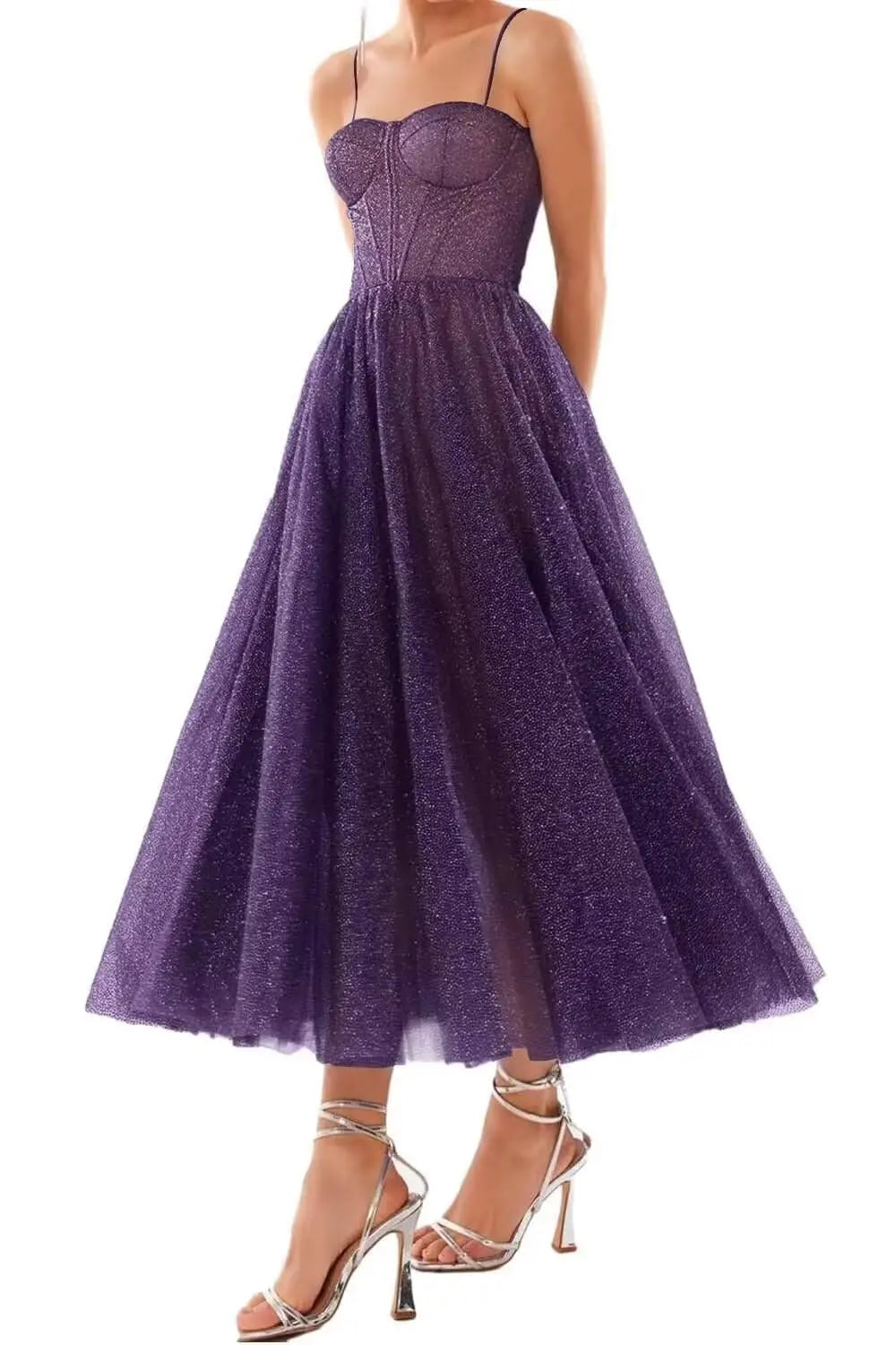 A Line Glitter Tea Length Formal Evening Cocktail Party Dresses for Women, Sequined Spaghetti Midi Corset Prom Gowns Cocktail