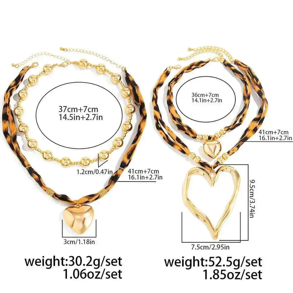 KunJoe 2Pcs/Set Retro Leopard Print Cotton Rope Chain Choker Necklace for Women Punk Big Heart Pendant Necklace Fashion Jewelry