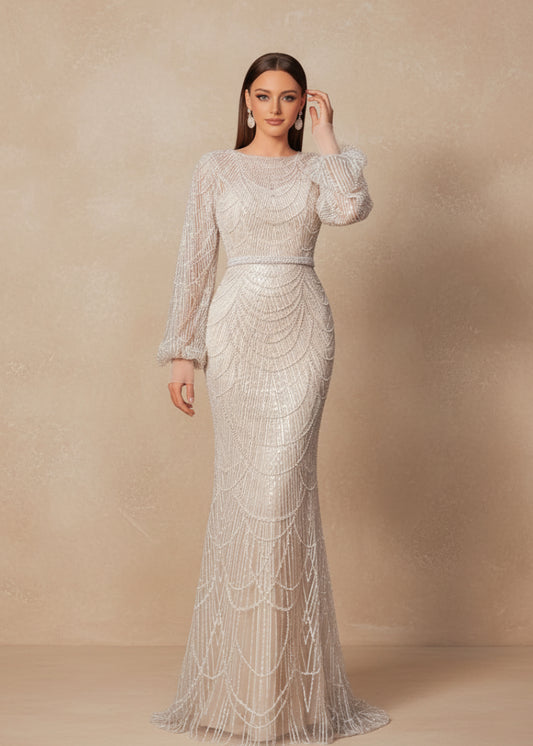 Elegant and luxurious sequined mermaid long-sleeved evening dresses, adorned with sparkling crystal beads.