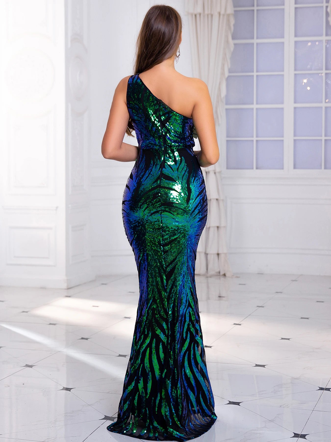 One Shoulder Sequin Maxi Evening Dress