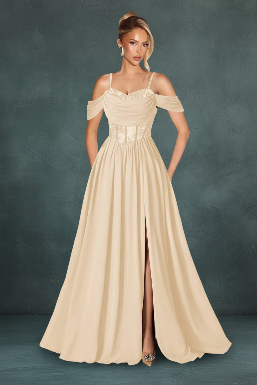 Off Shoulder Lace Applique Prom Dress