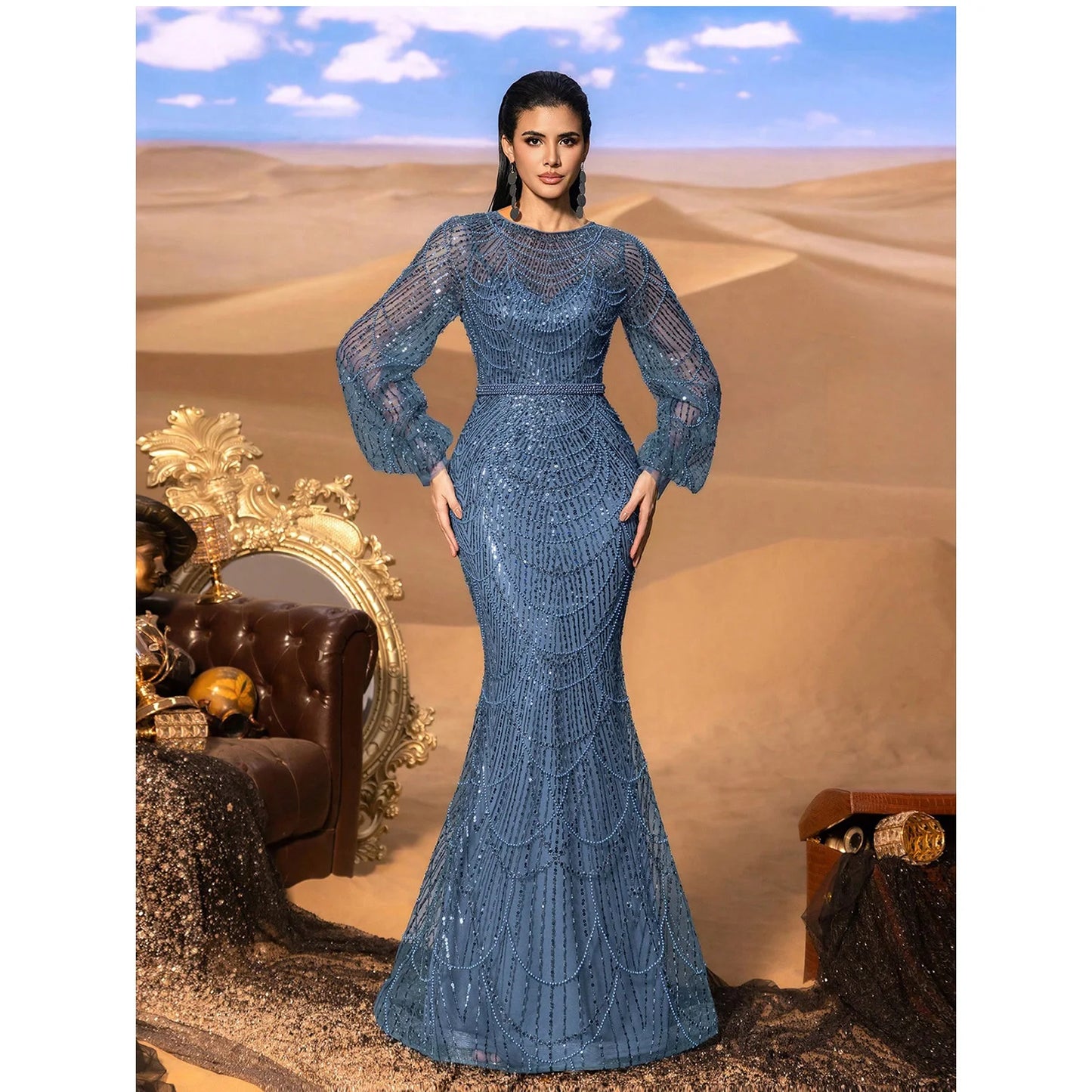 Elegant and luxurious sequined mermaid long-sleeved evening dresses, adorned with sparkling crystal beads.