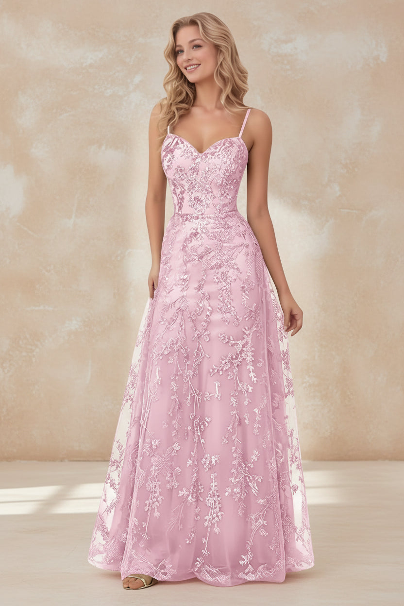Tulle Formal Dress Laces Spaghetti Strap Sparkly Prom Dress