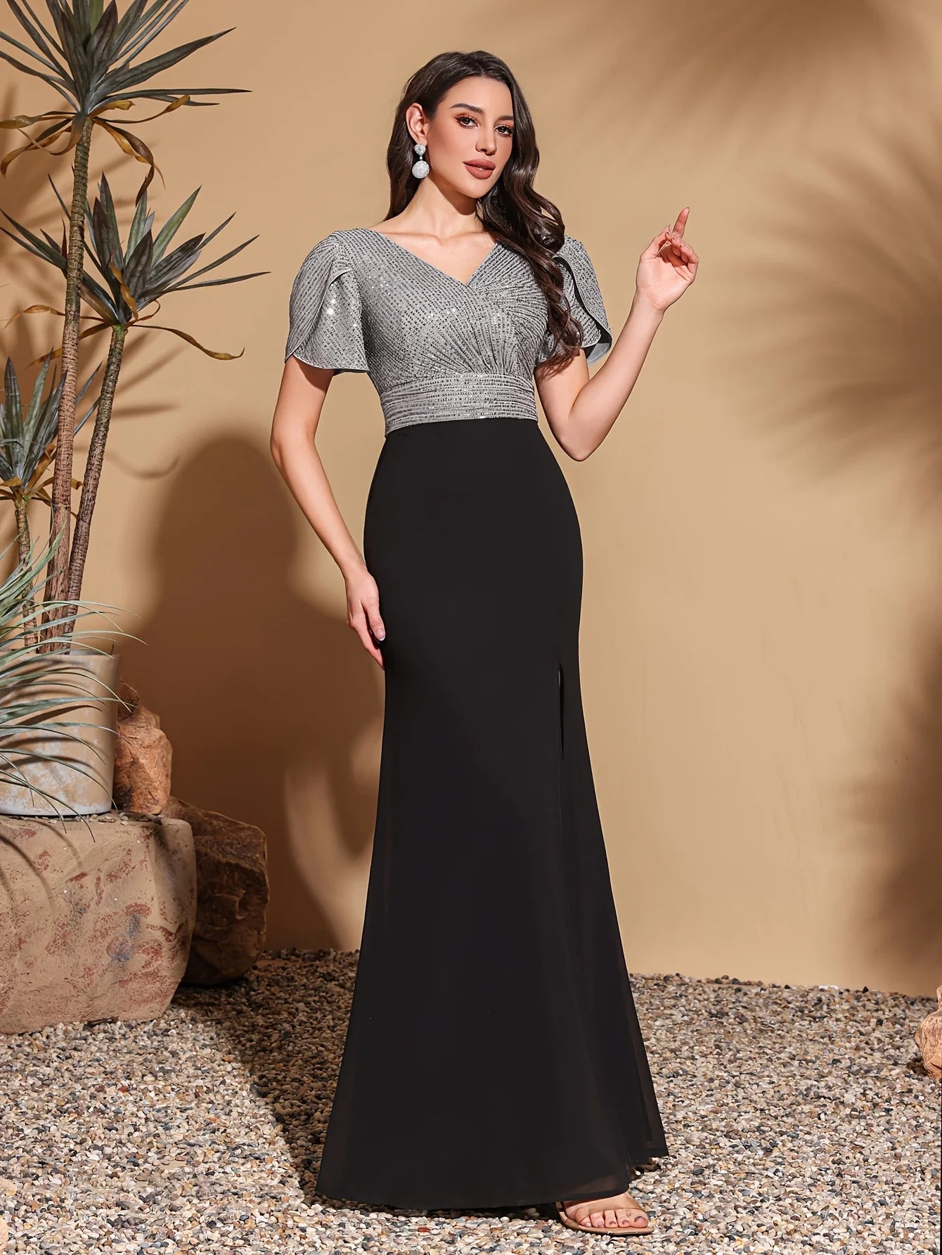 Sequined Cross Neck Chiffon Hip Slit Elegant Dress