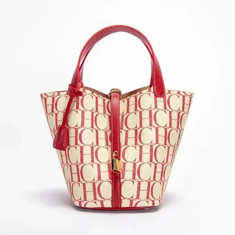 CH Tote Bag For Women Luxury Monogram Leather Handbag Fashion Top Handle Bag Elegant Lock Bucket Bag For Daily Commute