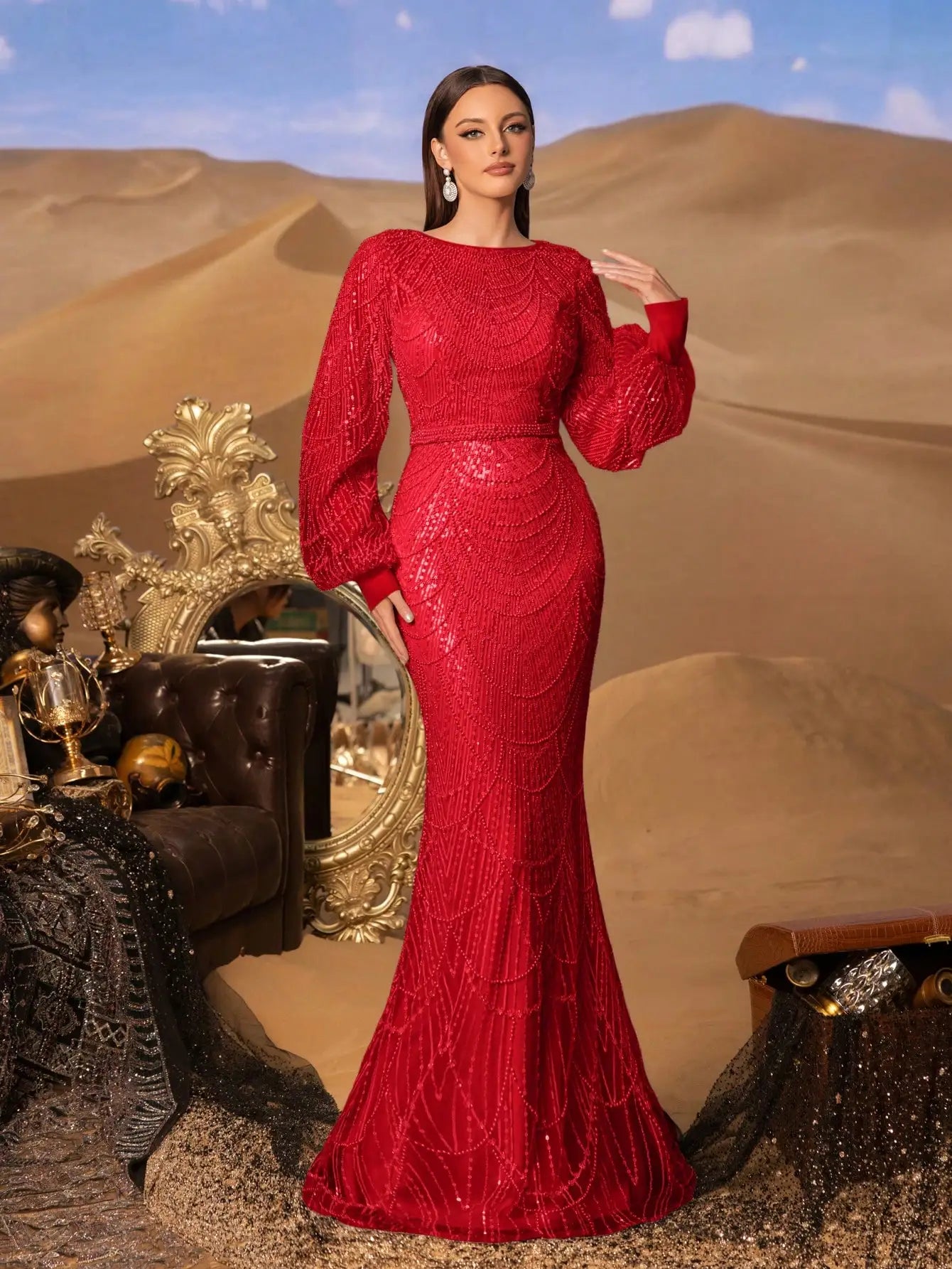 Elegant and luxurious sequined mermaid long-sleeved evening dresses, adorned with sparkling crystal beads.