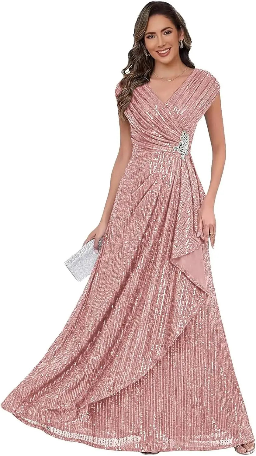 Sparkly Sequin A Line Mother of The Bride Dresses for Women Ruffles Long Formal Dress V Neck Evening Party Gown Dress