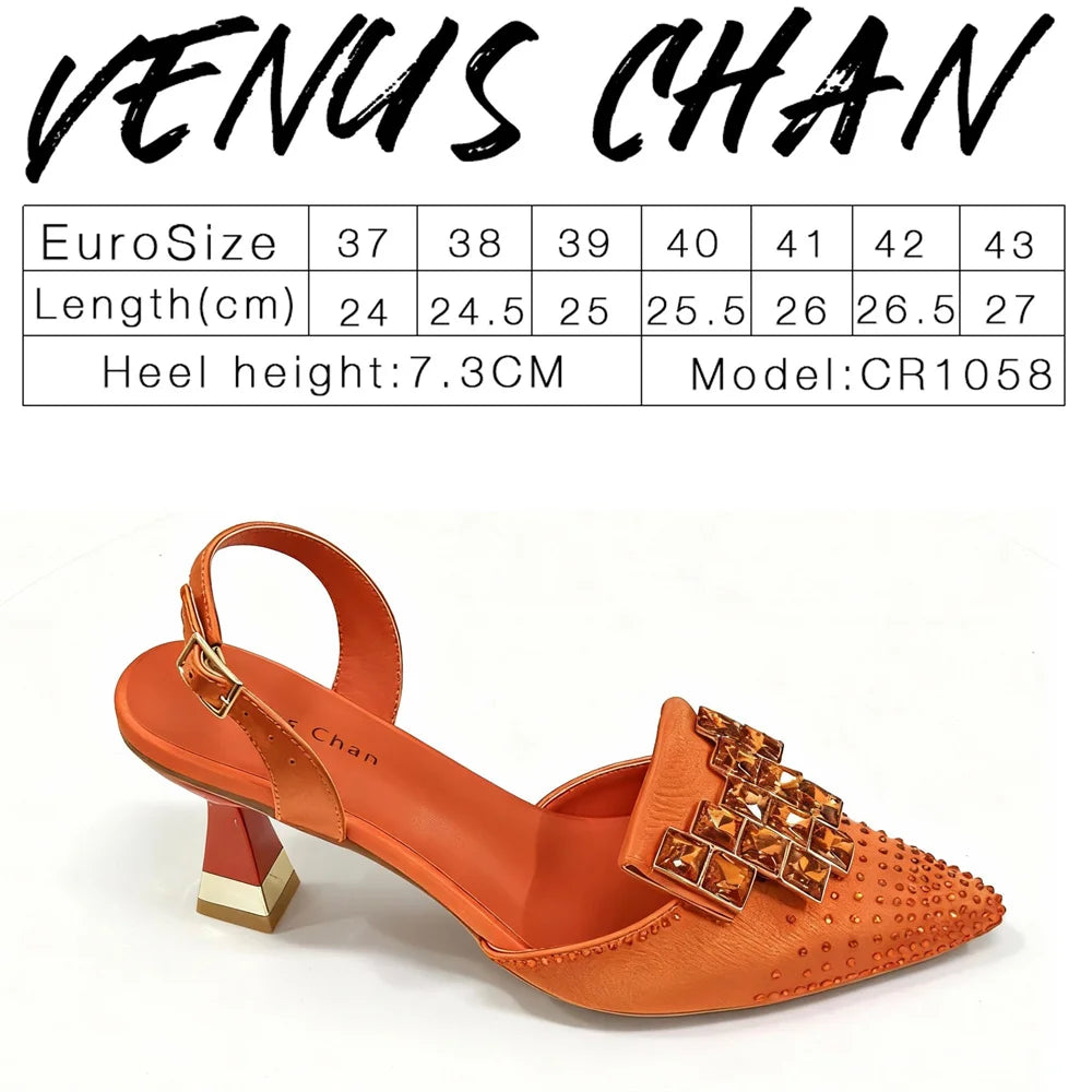 Chic Orange Rhinestone High Heels with Matching Handbag - Elegant Pointed-Toe Women's Shoes Perfect for Parties