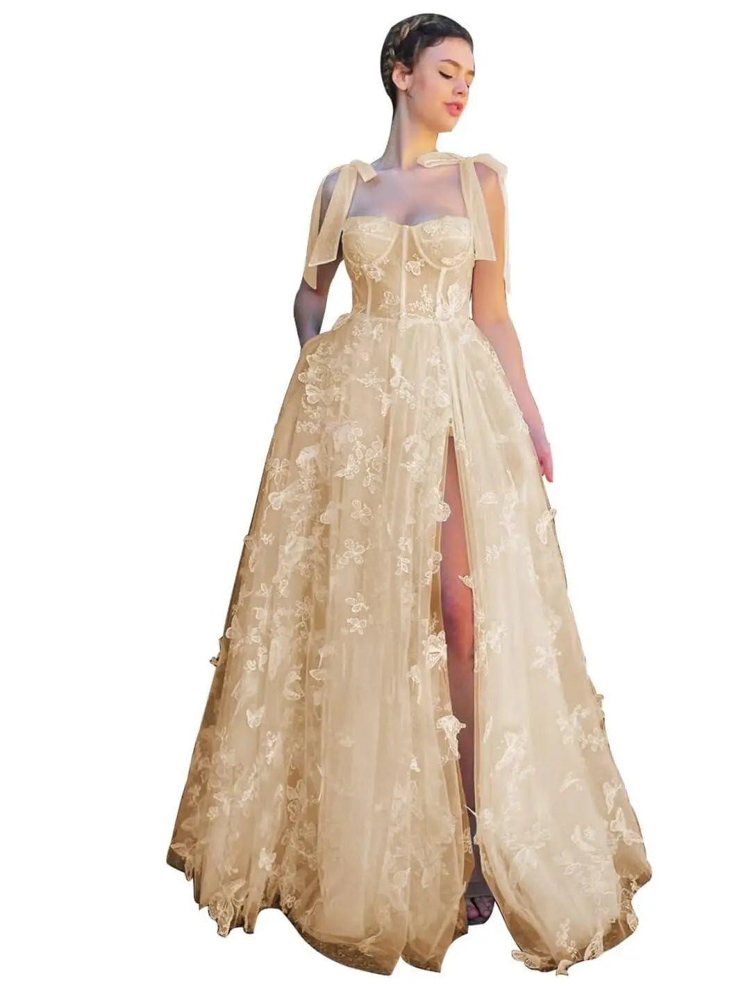 3D Butterfly Tulle Corset Prom Dresses for Teens Formal Fairy Ball Gowns Spaghetti Straps Evening Gown with Slit Party Dresses