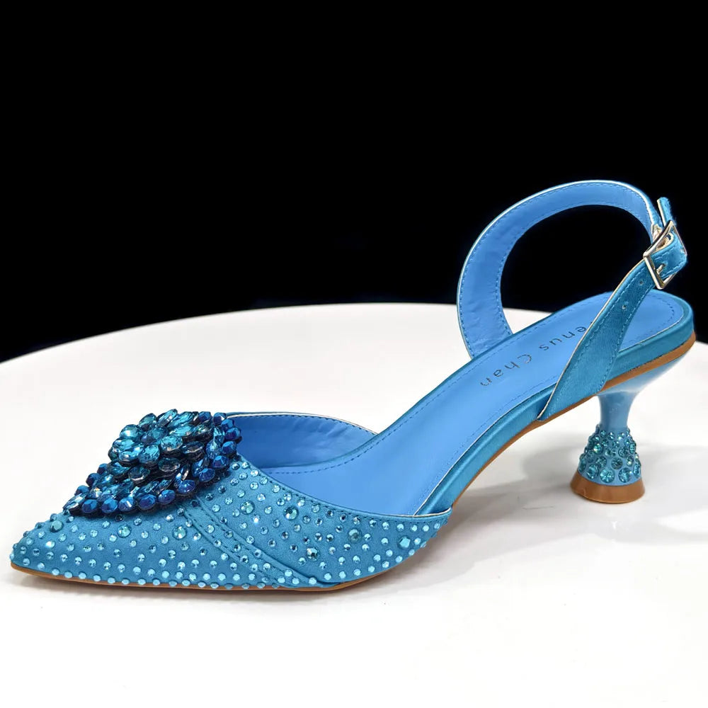 Venus Chan Blue Color Rhinestone Comfortable high heel shoe And Bag Fashion Style Pointed-Toe Shoes For Women Or Commuting Shoes