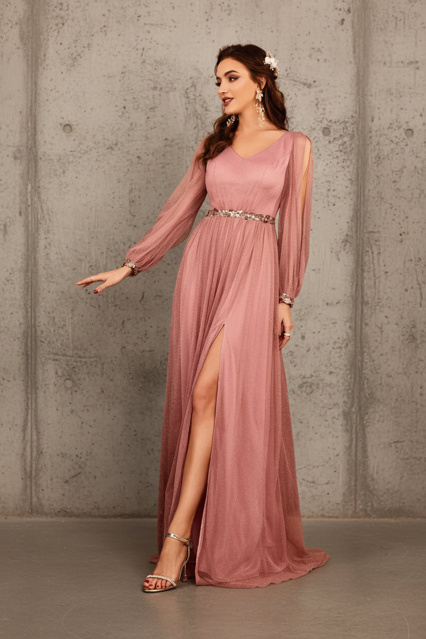 V-Neck Appliqué Slit Evening Gown