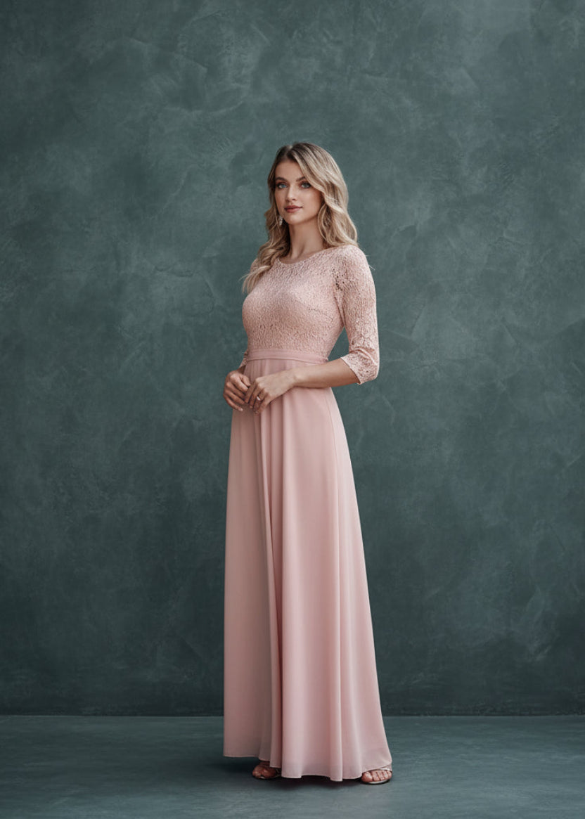 BABYONLINE In Stock Bridesmaid Gown Long Sleeve Floral Lace Appqulies Chiffon A-line Skirt Boho Wedding Party Guest Gown