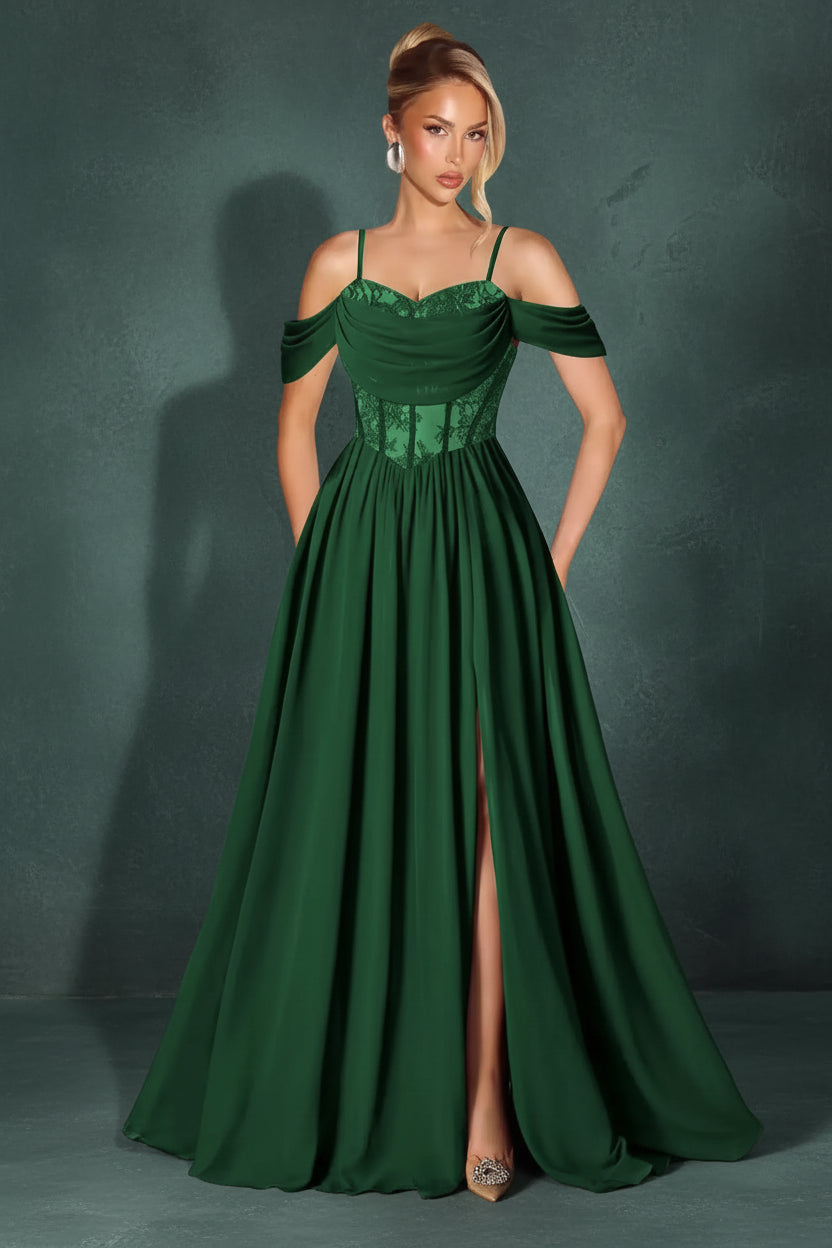 Off Shoulder Lace Applique Prom Dress