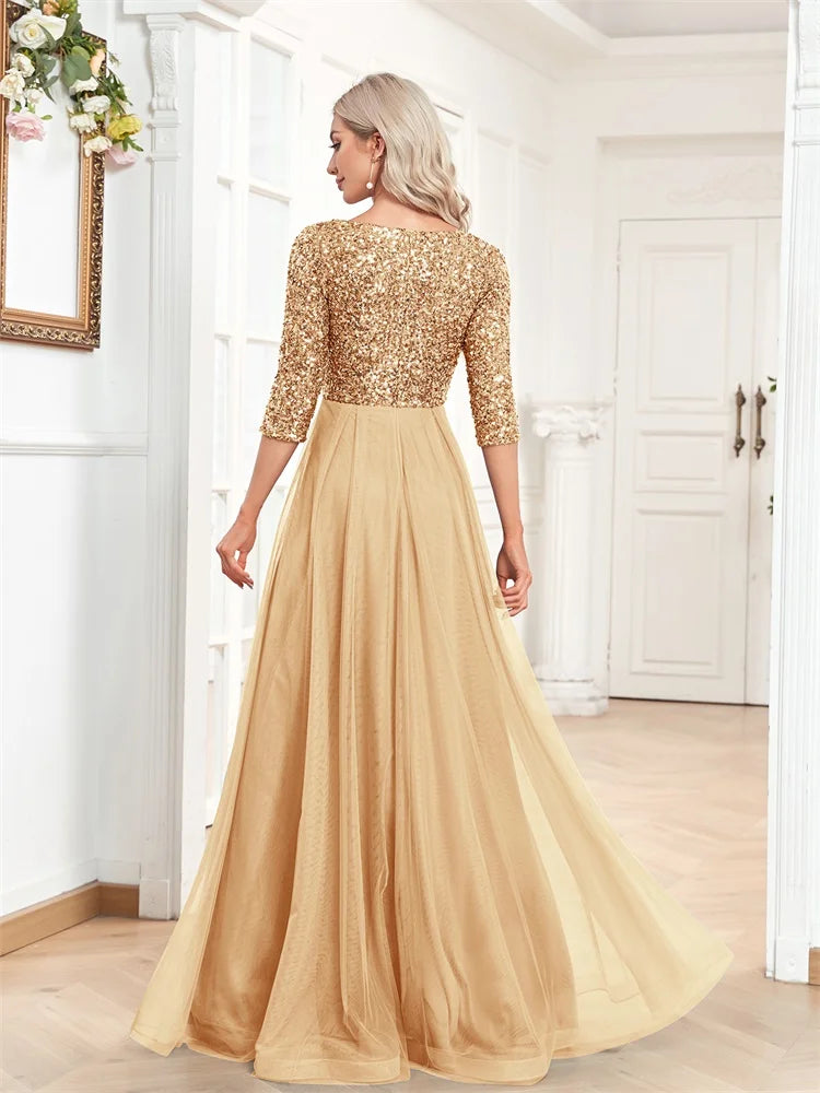 Gold Tulle V-Neck Evening Gown
