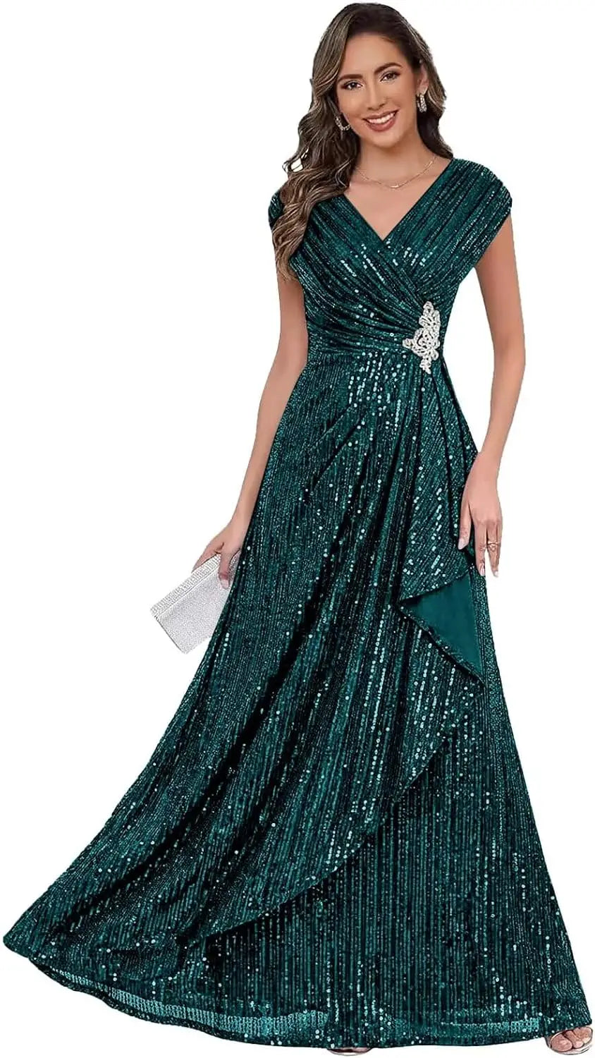 Sparkly Sequin A Line Mother of The Bride Dresses for Women Ruffles Long Formal Dress V Neck Evening Party Gown Dress
