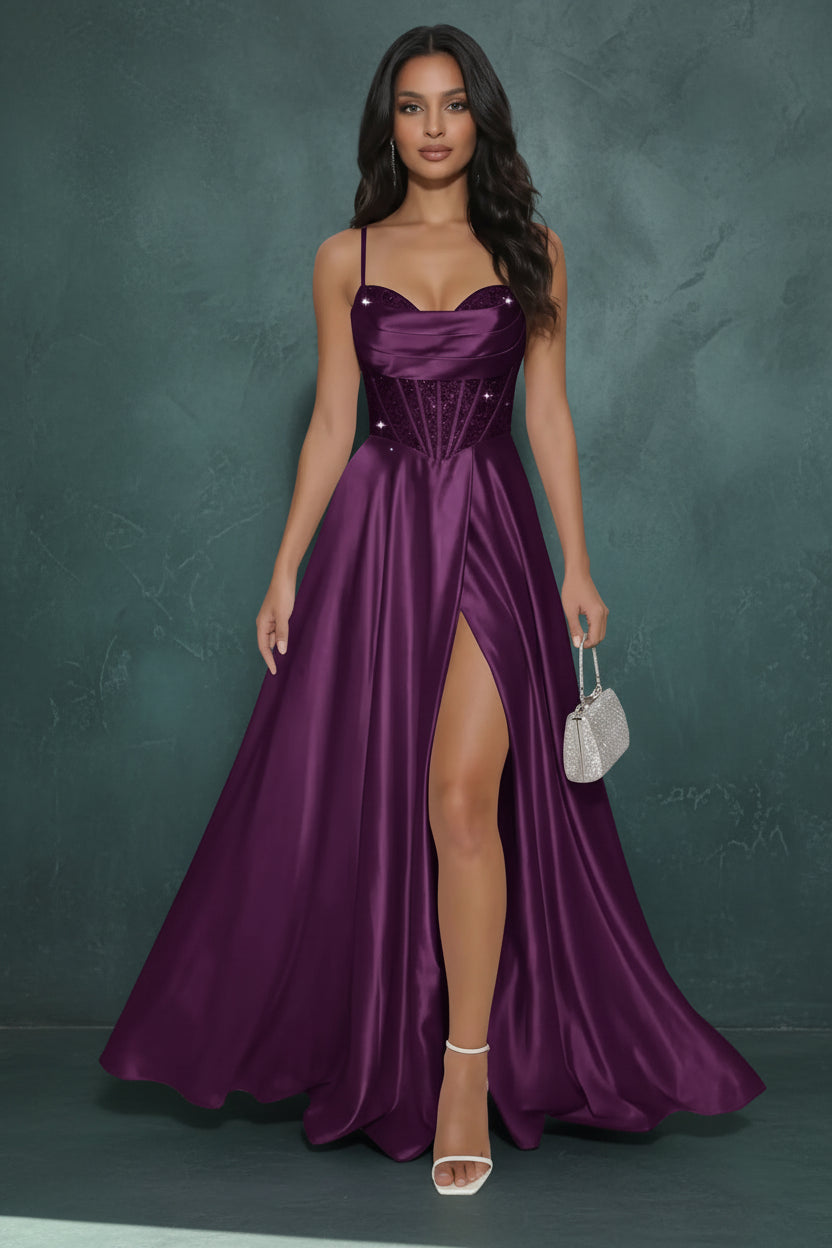 Pleated Satin A Line Prom Dresses for Women Spaghetti Straps Sequin Corset Formal Dress with Slit Formal Dress Women Elegant