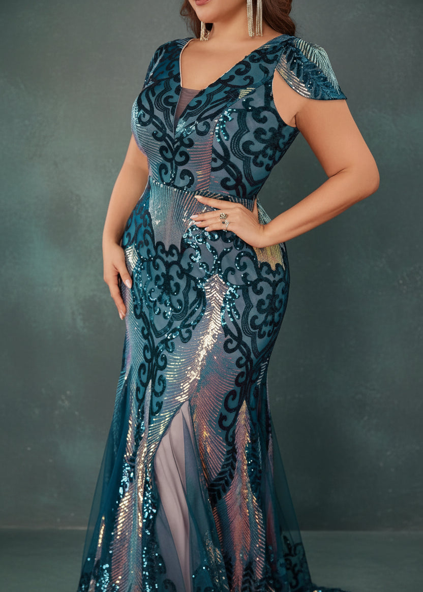 Plus Size Luxurious Short Sleeve Sequin Formal Evening Dress