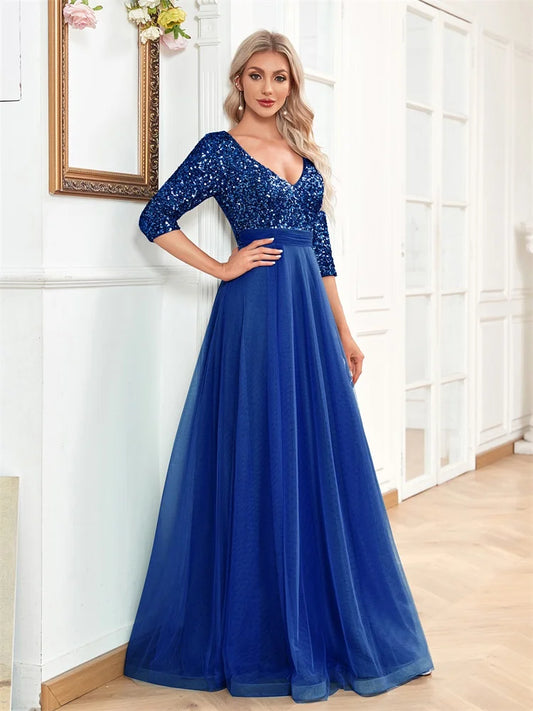 V-Neck Tulle Floor Length Evening Dress