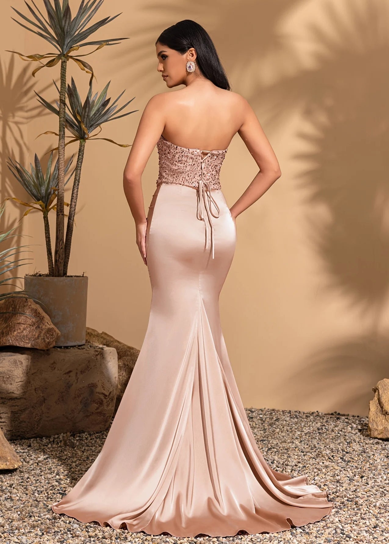 Satin pleated floor-length sequined patchwork strapless dress with back ties