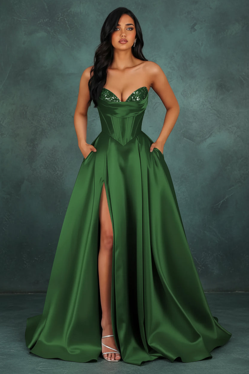 Strapless Sequin Prom Dresses Long with Slit Satin Formal Party Dress