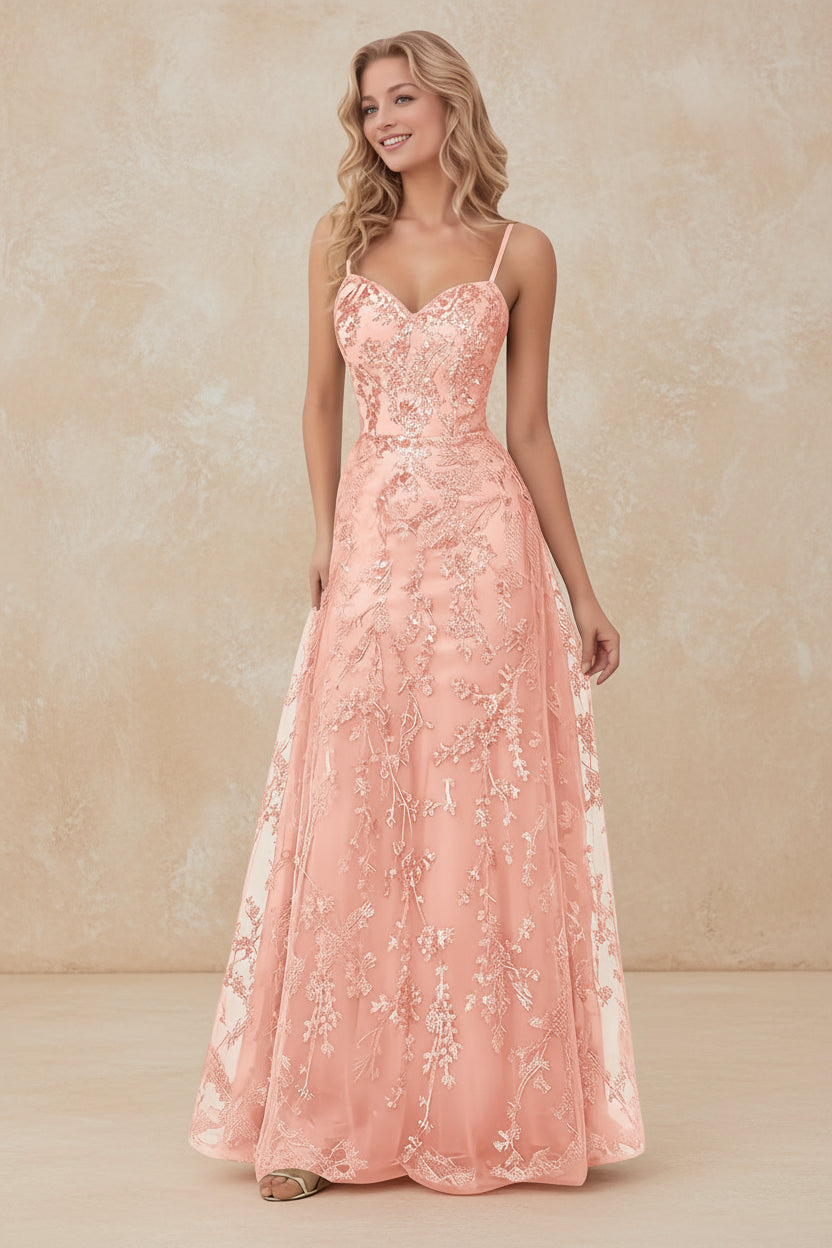Tulle Formal Dress Laces Spaghetti Strap Sparkly Prom Dress