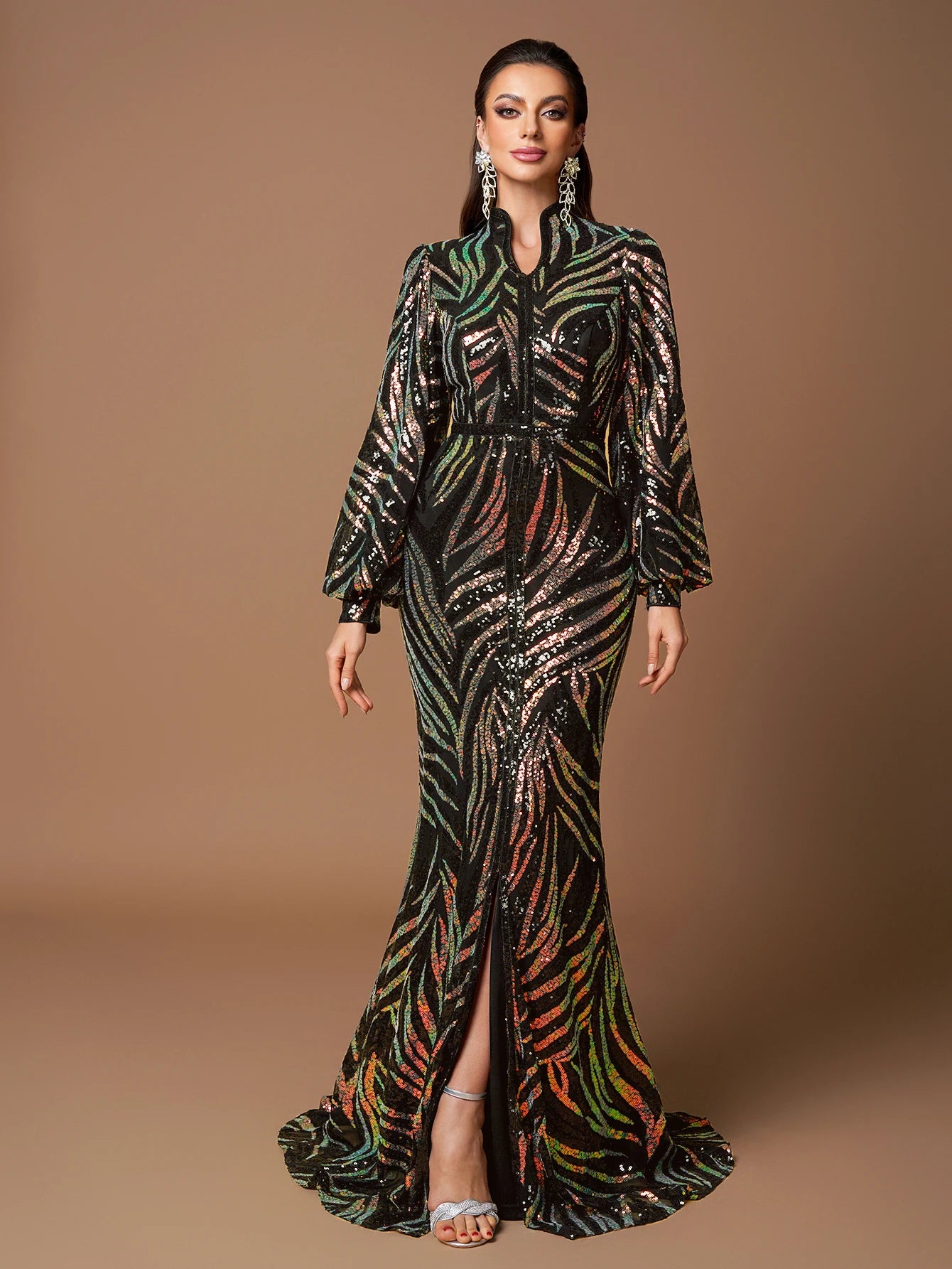 Beaded Long Sleeve Formal Evening Gown