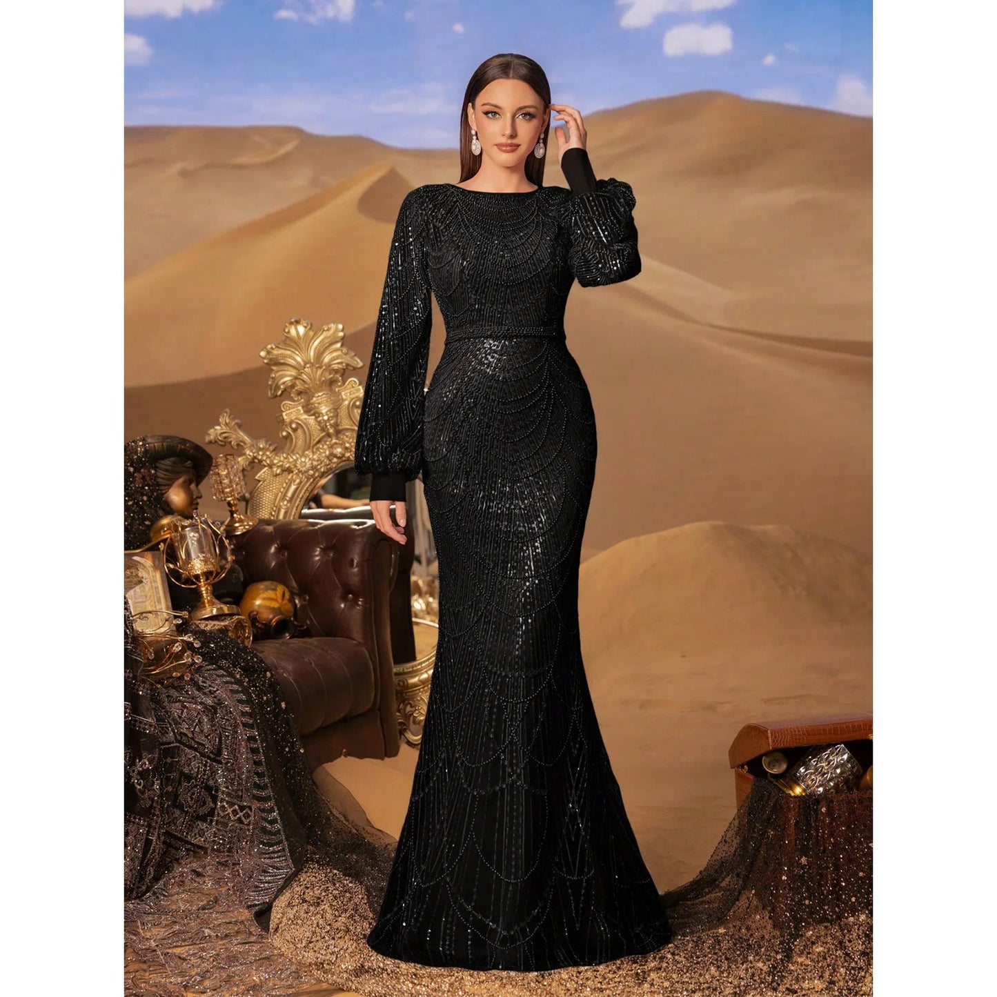 Elegant and luxurious sequined mermaid long-sleeved evening dresses, adorned with sparkling crystal beads.