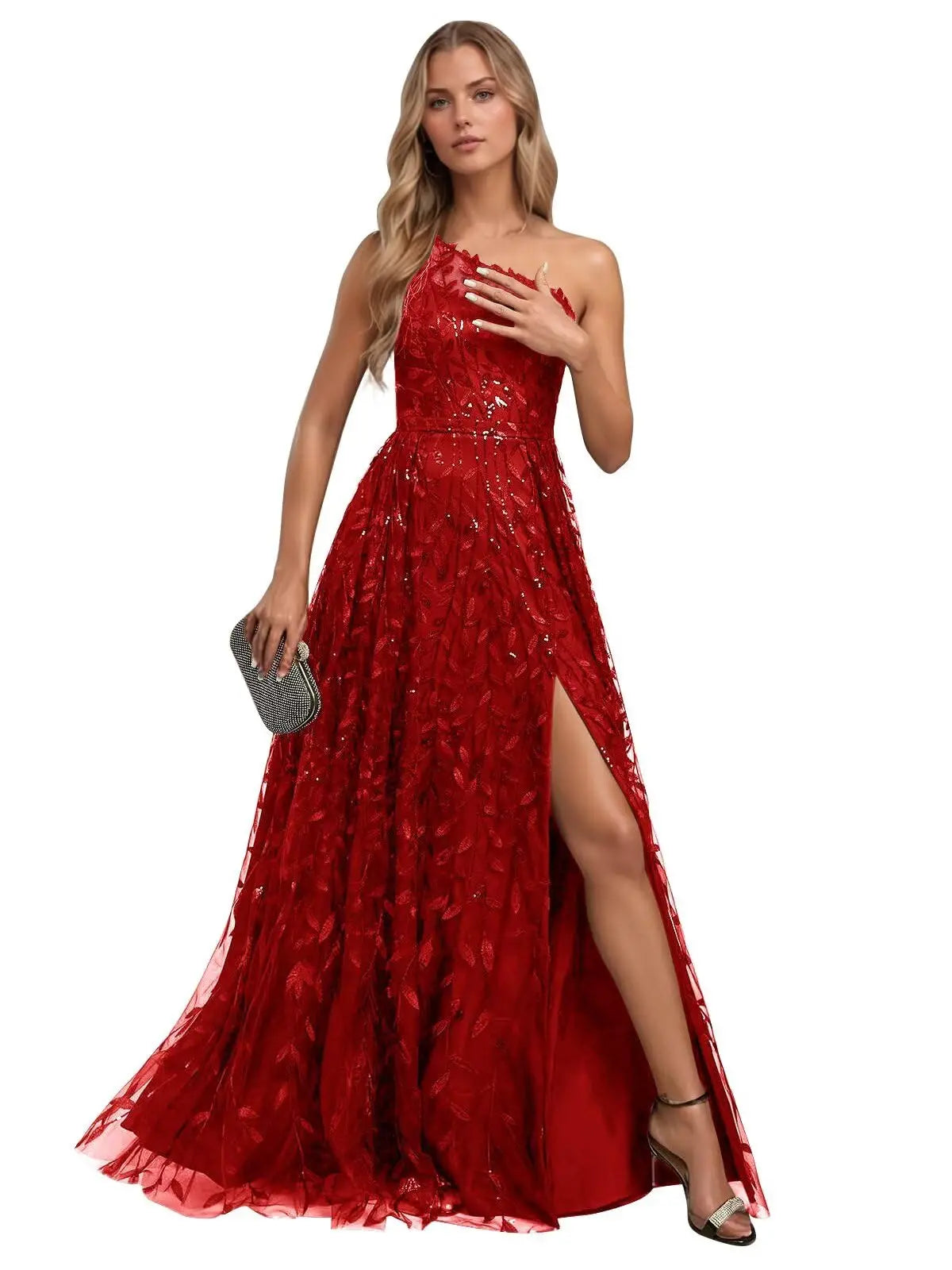 One Shoulder Lace Prom Dress with Slit