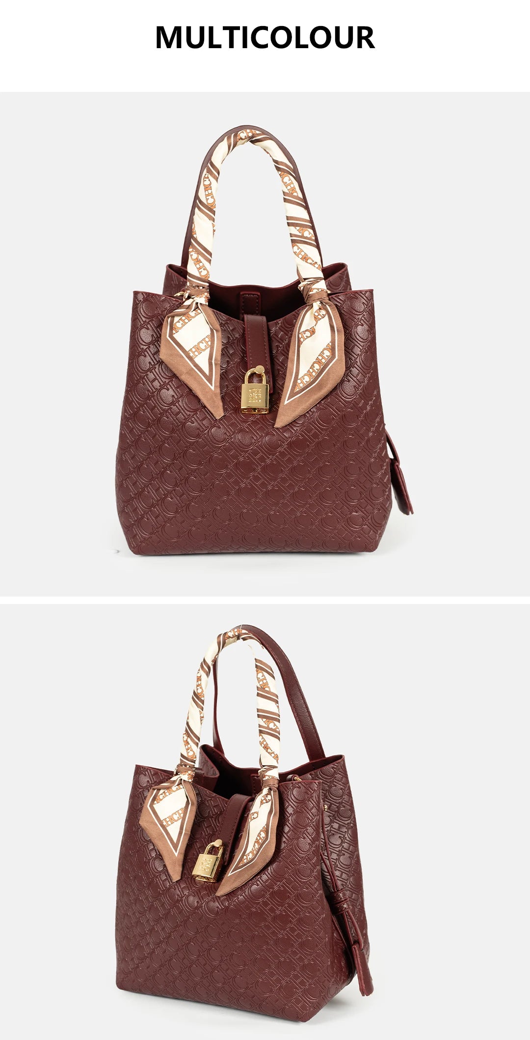 CH Womens Embossed Leather Bucket Bag with Silk Scarf Lock Decor Luxury Designer Handbag Large Capacity Crossbody Tote