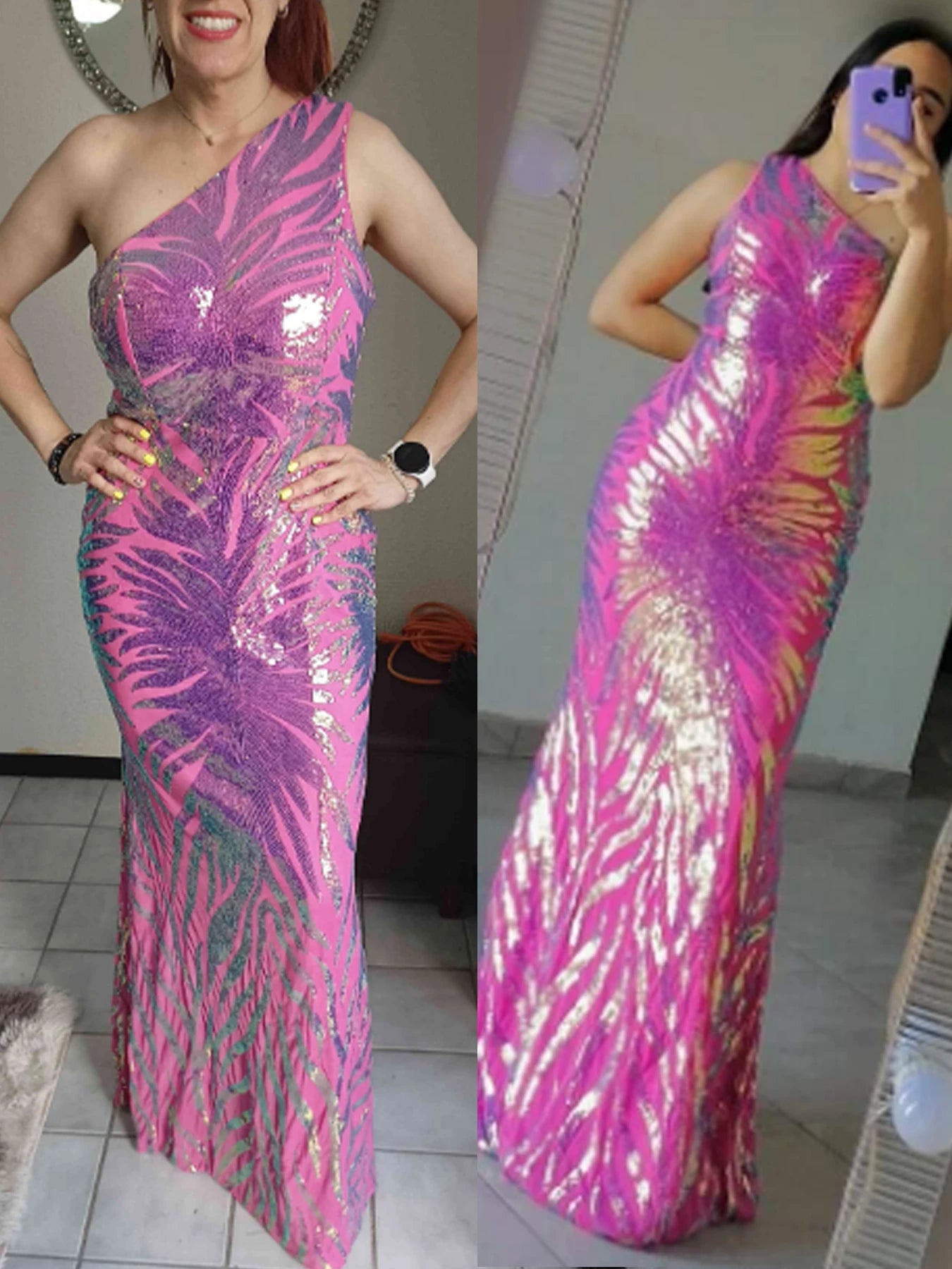 One Shoulder Sequin Maxi Evening Dress