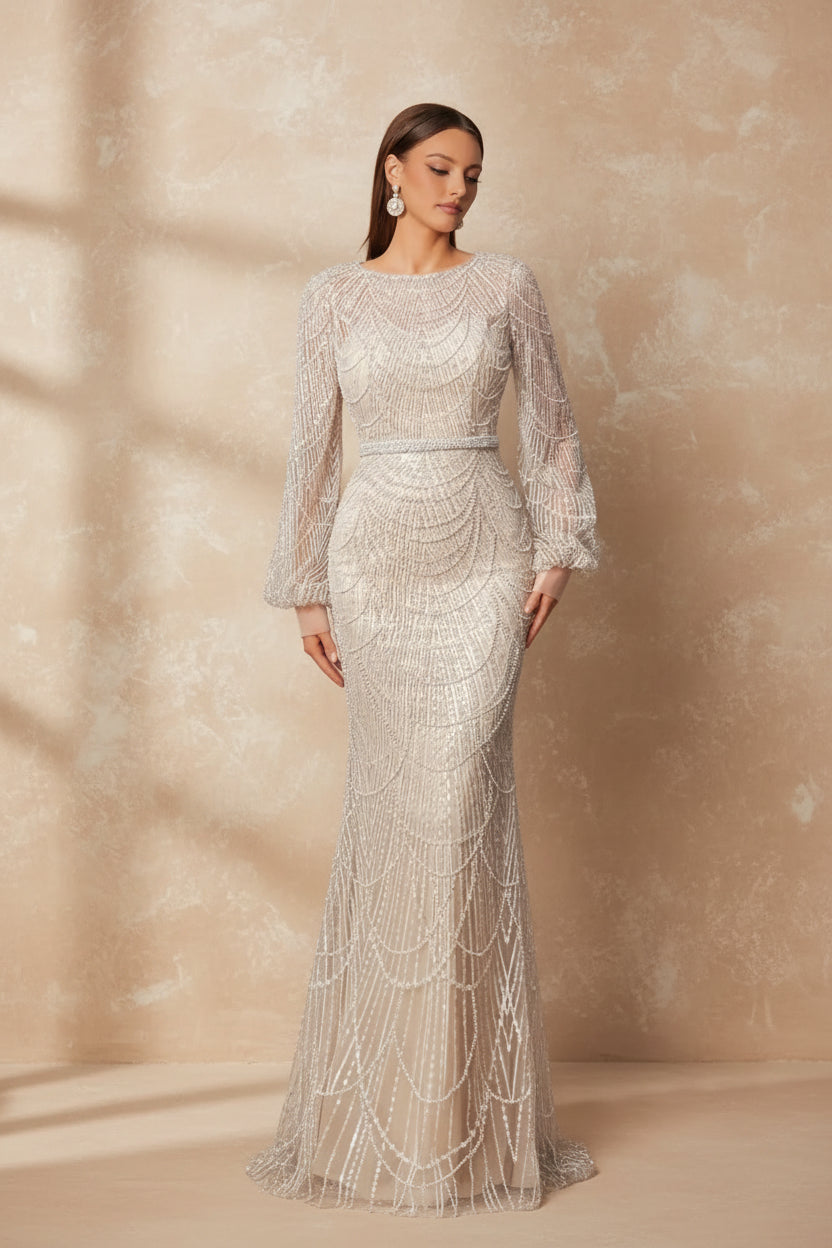Elegant and luxurious sequined mermaid long-sleeved evening dresses, adorned with sparkling crystal beads.