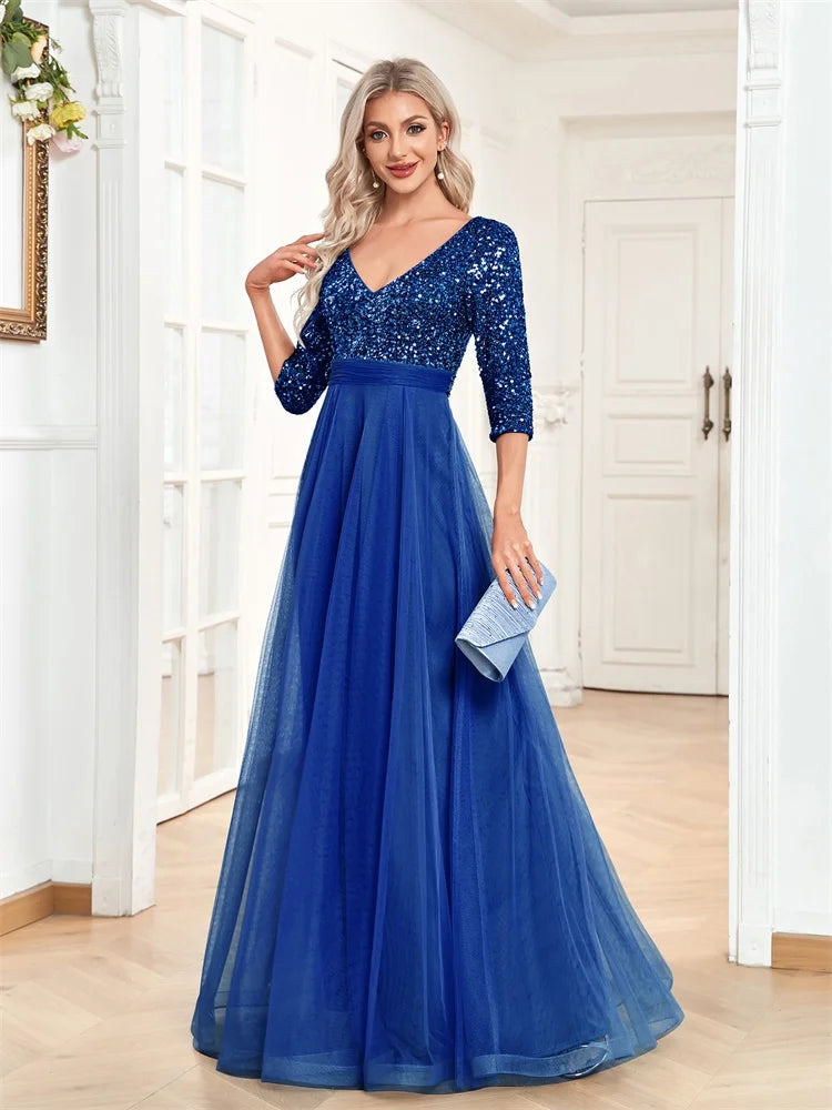 V-Neck Tulle Floor Length Evening Dress