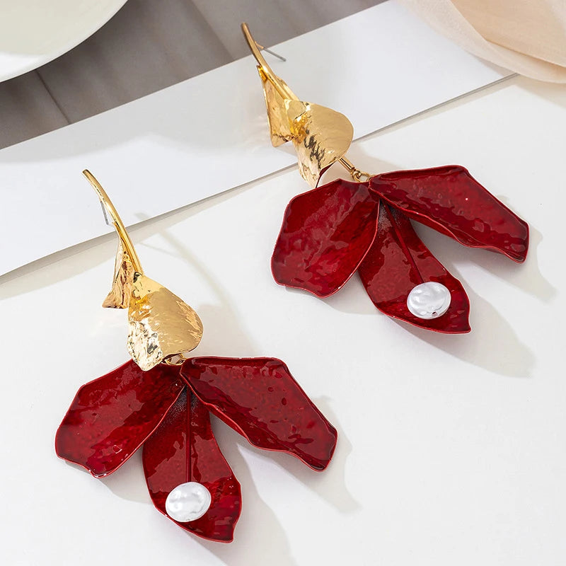 Vintage Red Drip Oil Flower Long Tassel Pendant Earrings