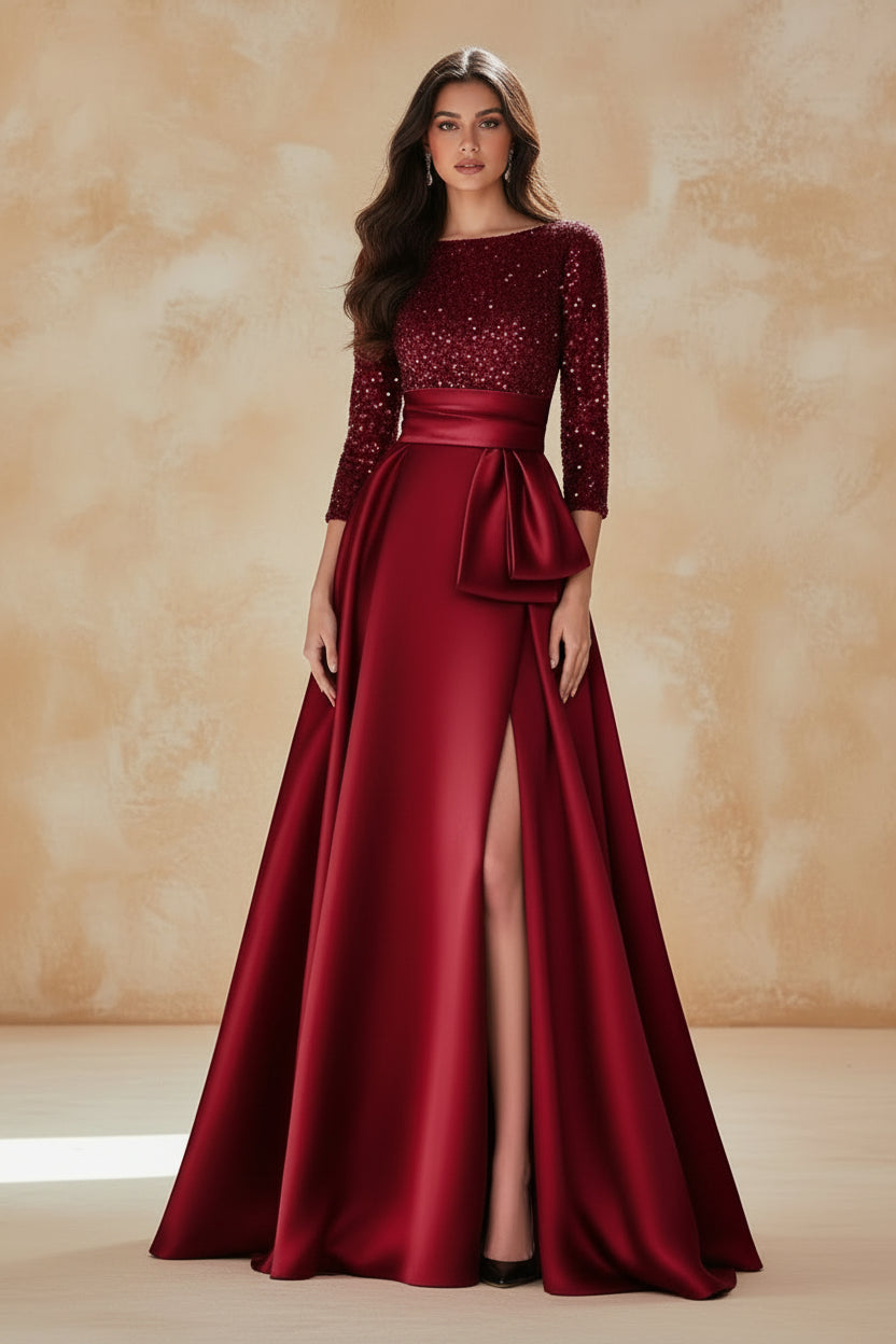 Long Sleeves Mother Of The Bride Dresses For Wedding Sparkly Sequin Ball Gowns Side Slit Satin Formal Party Prom Gown