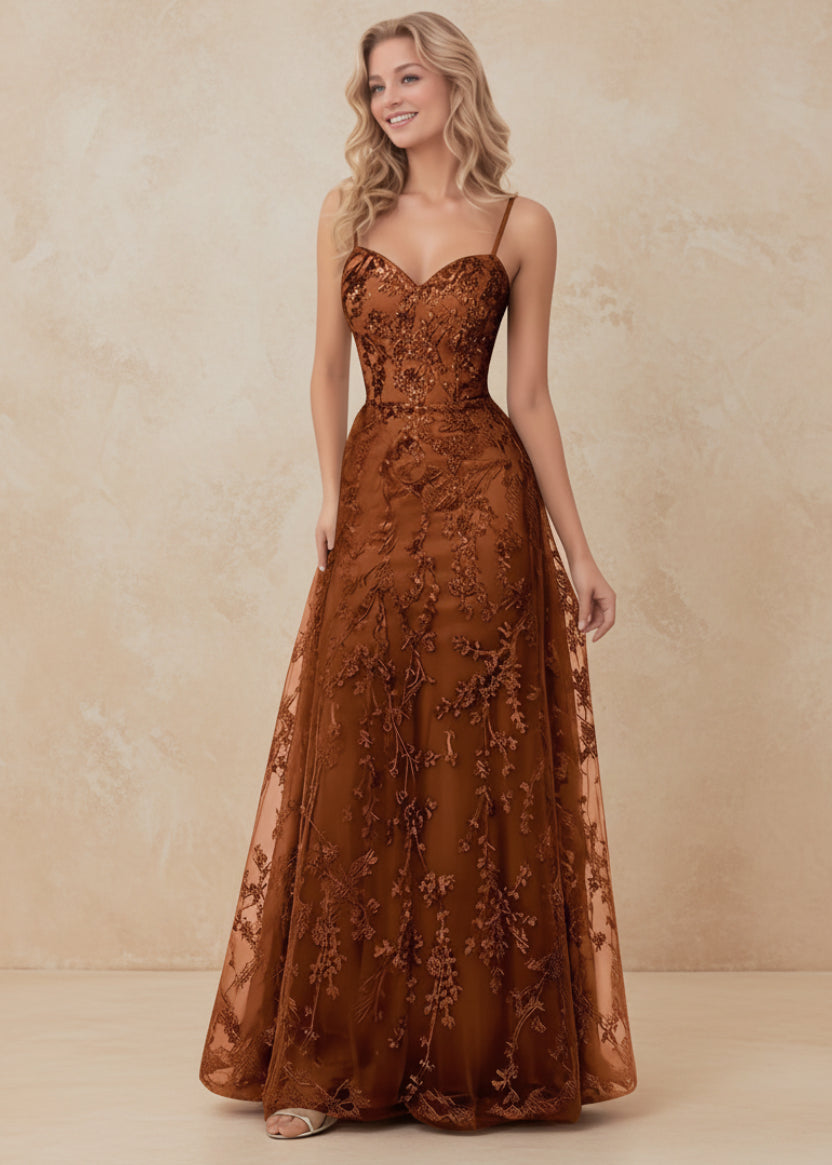 Tulle Formal Dress Laces Spaghetti Strap Sparkly Prom Dress