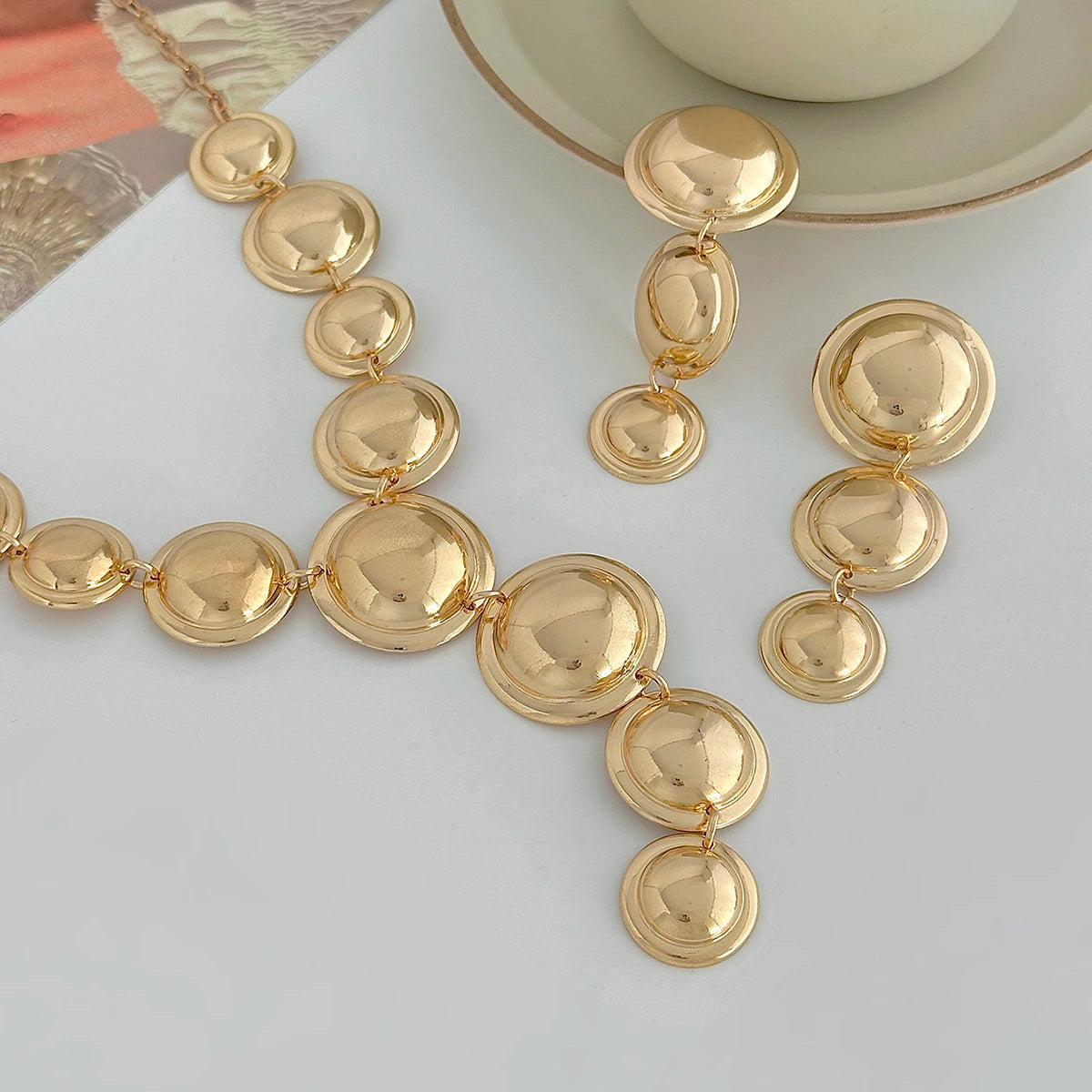 Salircon Women Punk Metal Y-Shaped Chain Jewelry Set Exaggerated Geometric Smooth Circular Spliced Long Necklace And Earrings