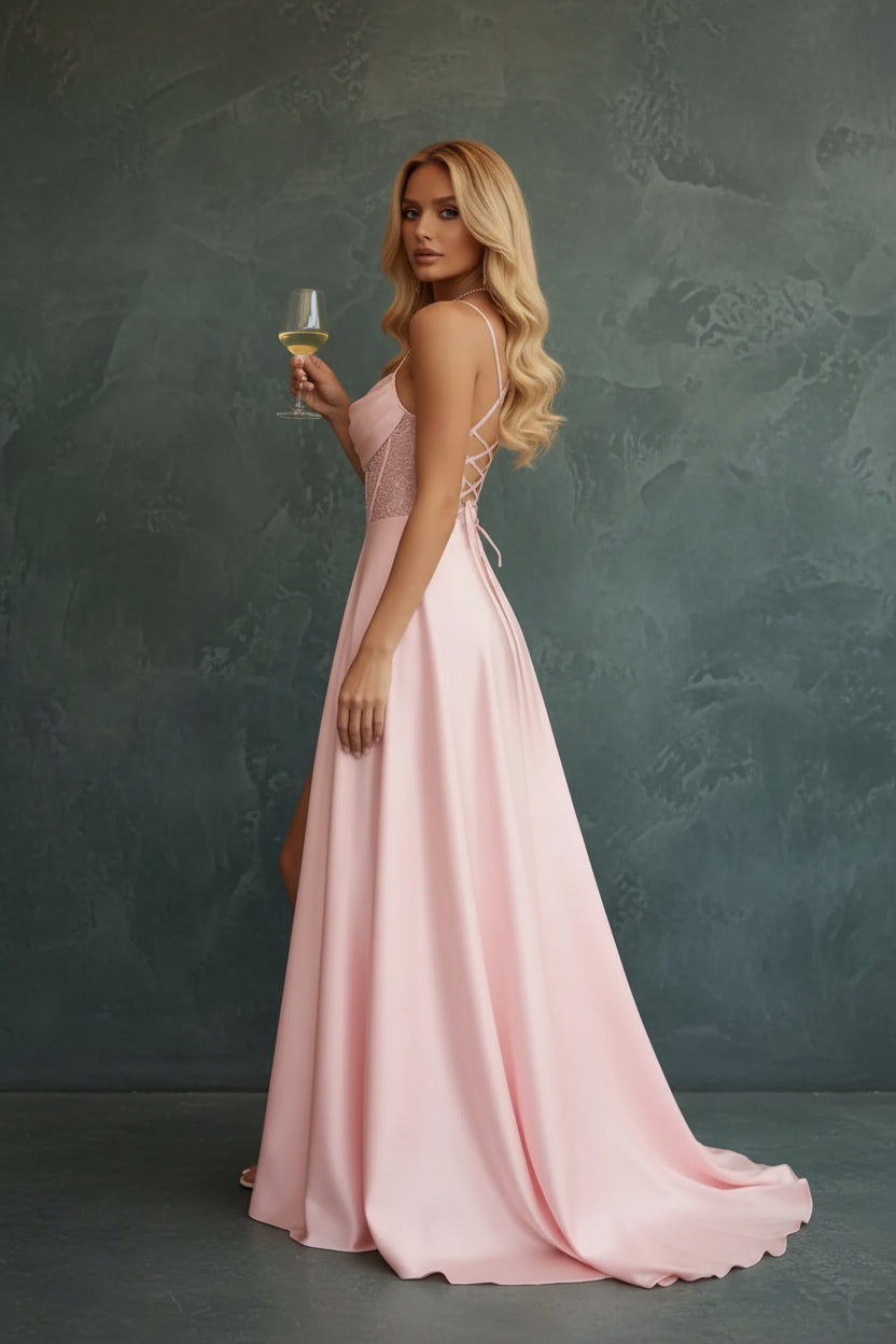Pleated Satin A Line Prom Dresses for Women Spaghetti Straps Sequin Corset Formal Dress with Slit Formal Dress Women Elegant