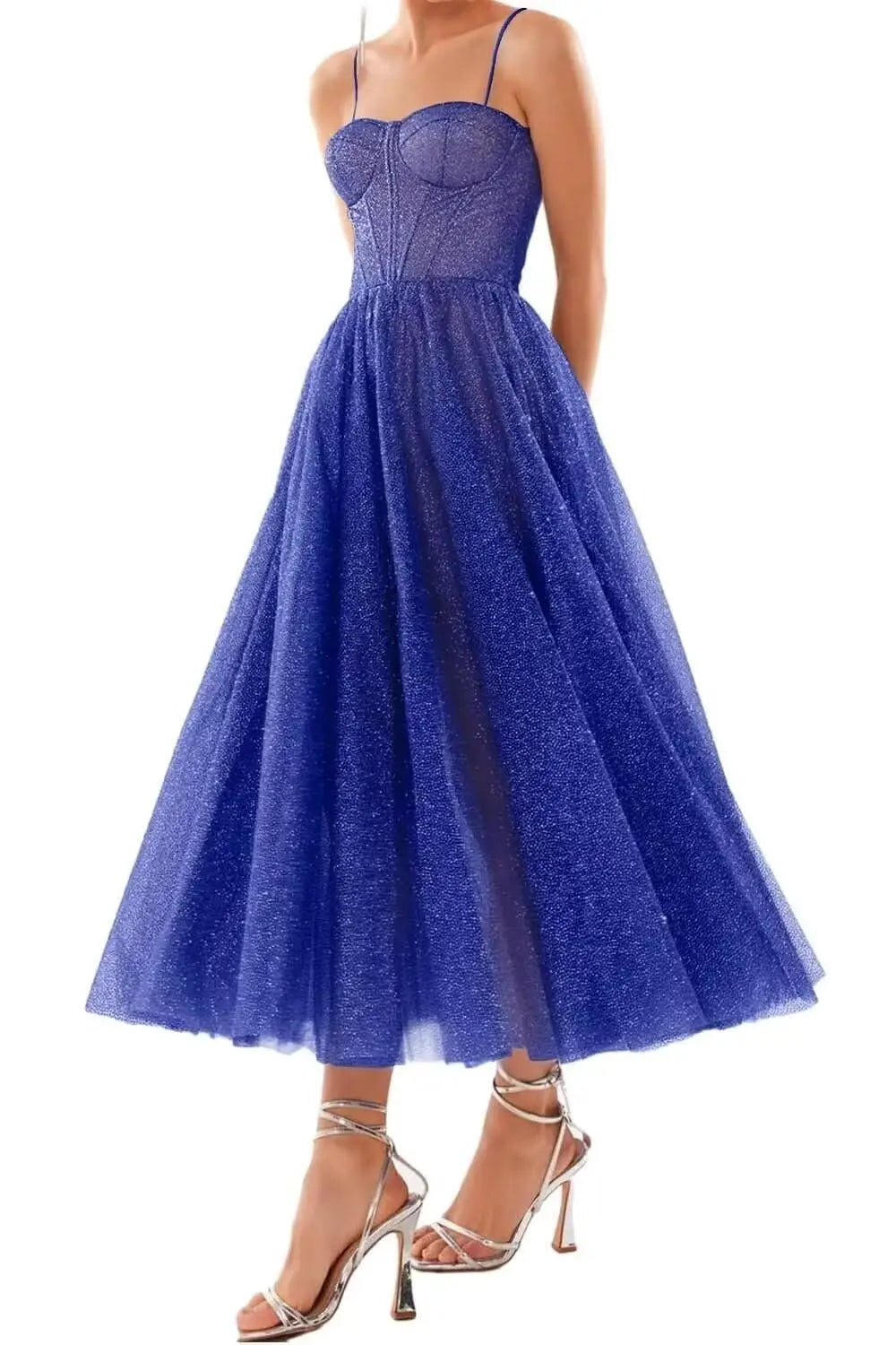 A Line Glitter Tea Length Formal Evening Cocktail Party Dresses for Women, Sequined Spaghetti Midi Corset Prom Gowns Cocktail