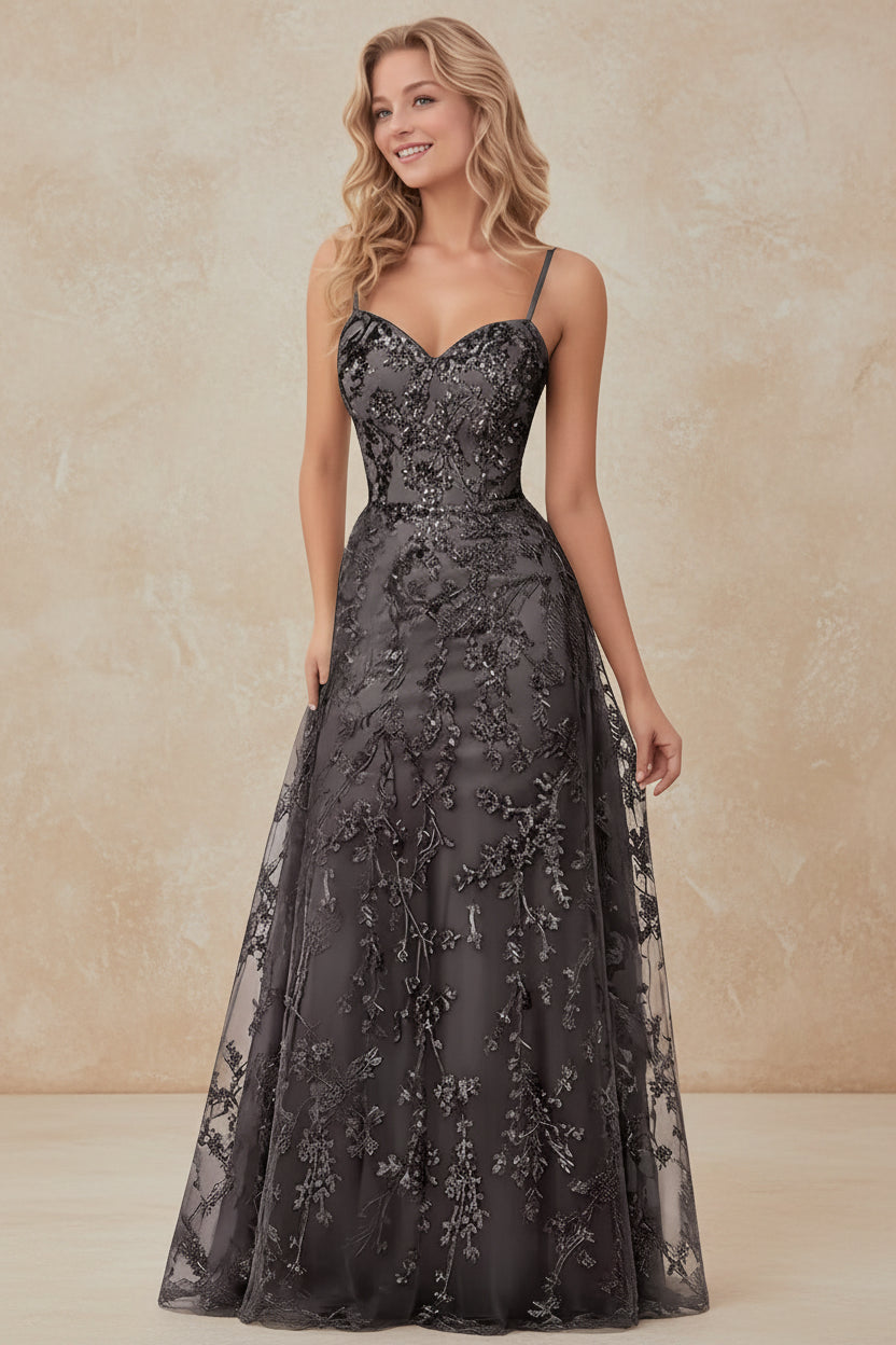 Tulle Formal Dress Laces Spaghetti Strap Sparkly Prom Dress