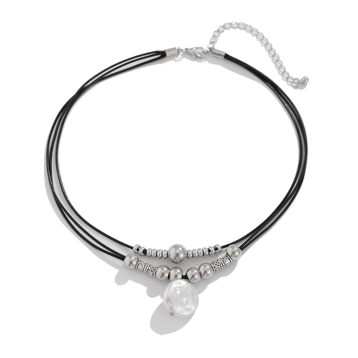 KunJoe Vintage Multilayer Leather Rope Chain Plastic Beads Choker Short Necklace Women Simple Imitation Pearl Pendant Necklace