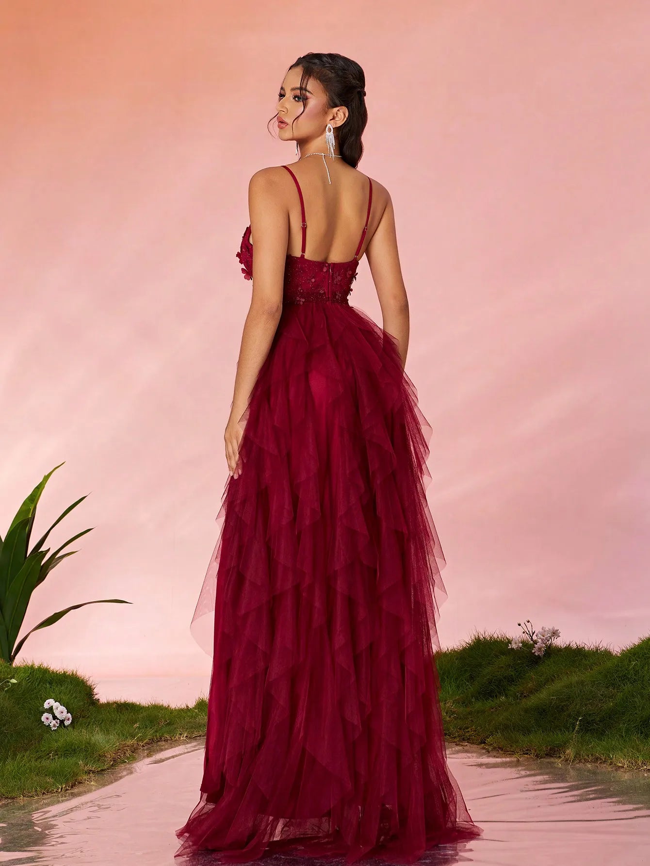 V-Neck Embroidered High Slit Maxi Dress