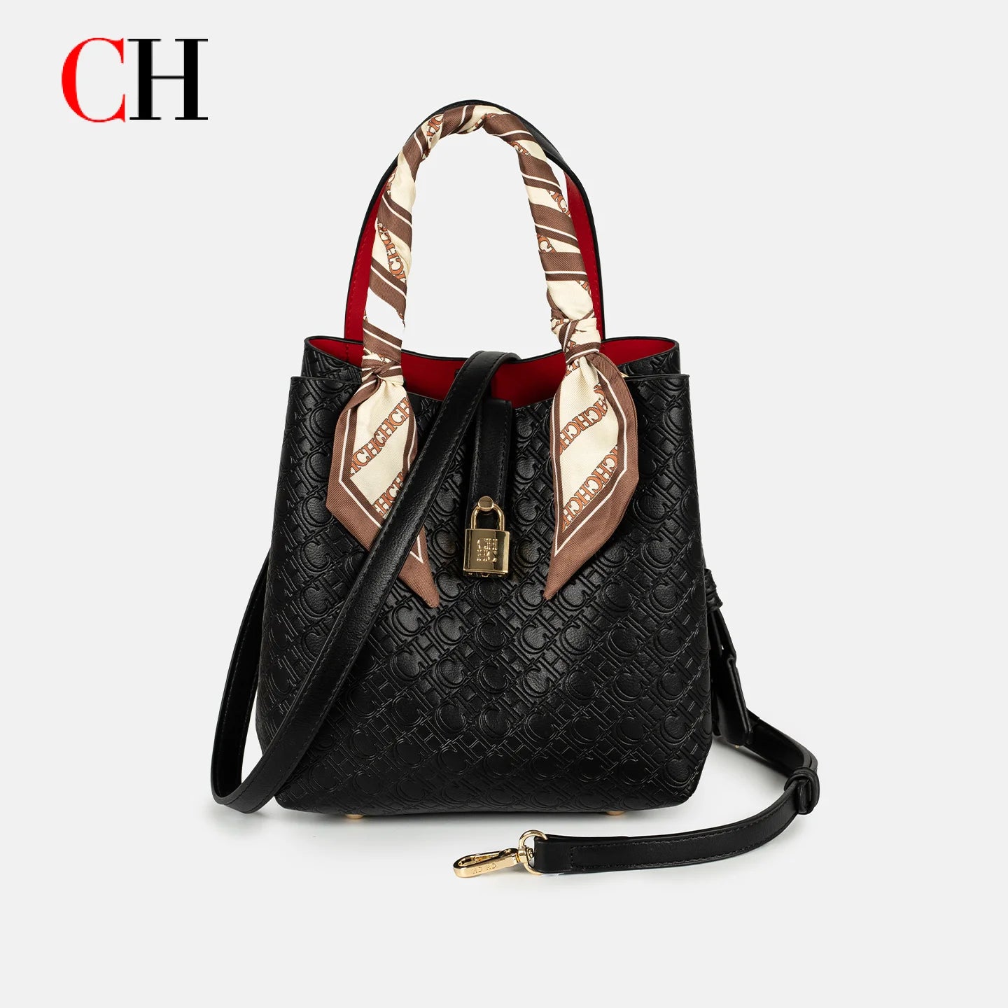 CH Womens Embossed Leather Bucket Bag with Silk Scarf Lock Decor Luxury Designer Handbag Large Capacity Crossbody Tote