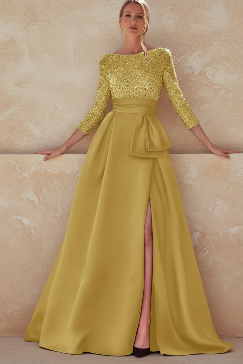 Long Sleeves Mother Of The Bride Dresses For Wedding Sparkly Sequin Ball Gowns Side Slit Satin Formal Party Prom Gown